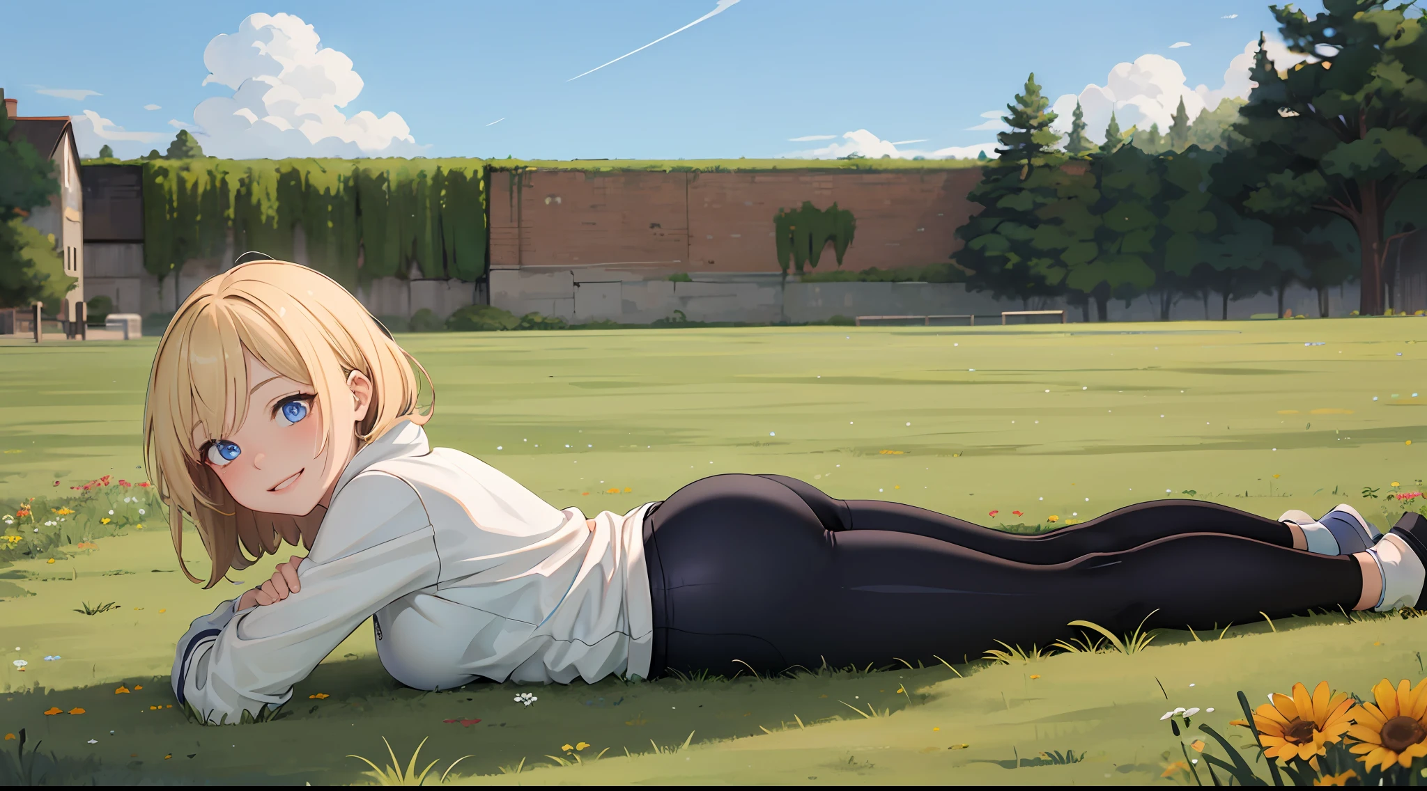 best quality, masterpiece, small breasts, smile, sweatshirt, blue leggings, outdoors, anime style, grass field, daytime, blue sky, blue eyes, detailed eyes, medium hair, blonde hair, loose hair, bangs, lying down, ass,