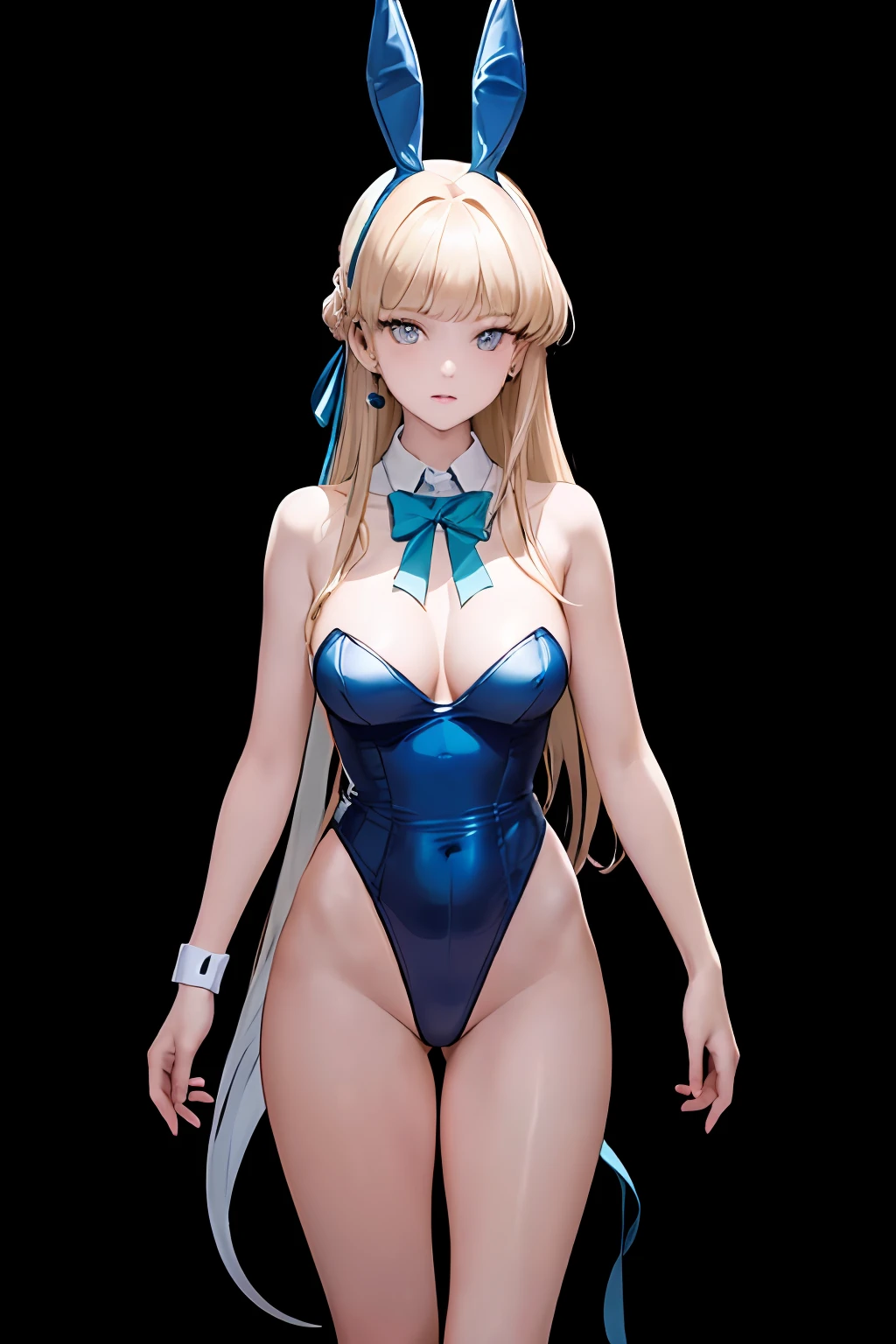 (((a masterpiece of、beste-Qualit、beste-Qualit、Official art、Beautifully Aesthetic:1.5)))、(1girl in:1.3)、(((The front)))、View here、(A sexy)、highly detaile、Rabbit ears、highestdetailed、(((Blue High Leg)))、(((Blue Bunny Girl)))、(shinny skin)、(((big chest out)))、thin areola、Asuka horse Toki