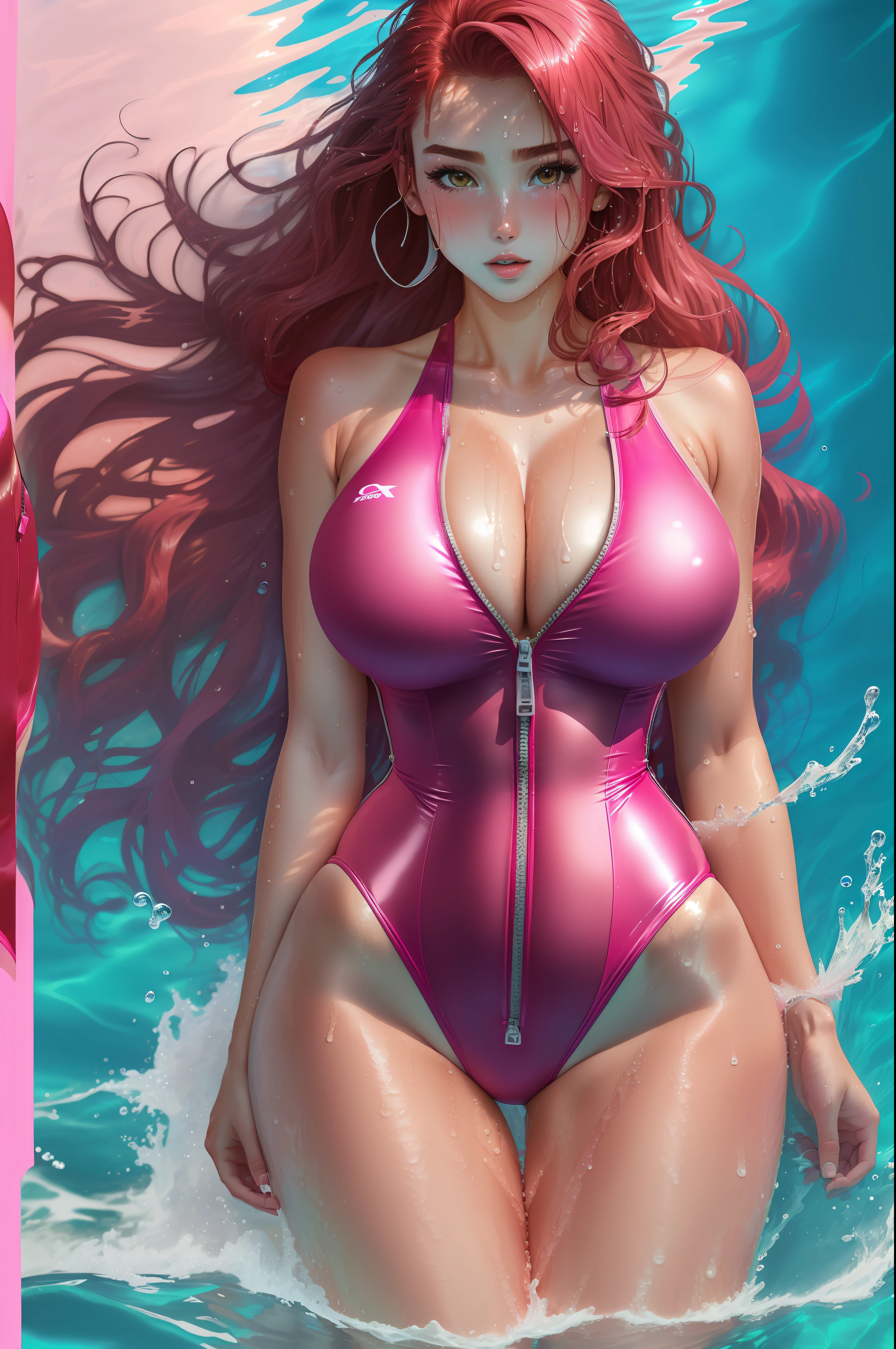 A full-length color photo of a female swimmer, (Massive breasts:1.3), (Slim waist:1.3), (pink one-piece swimsuit:1.3), (shiny pink pvc material), high cut leg, Long red hair, (erect, speedo, front zipper, unzipped, wet skin, wet hair, wide hips, Toned body, breeding material