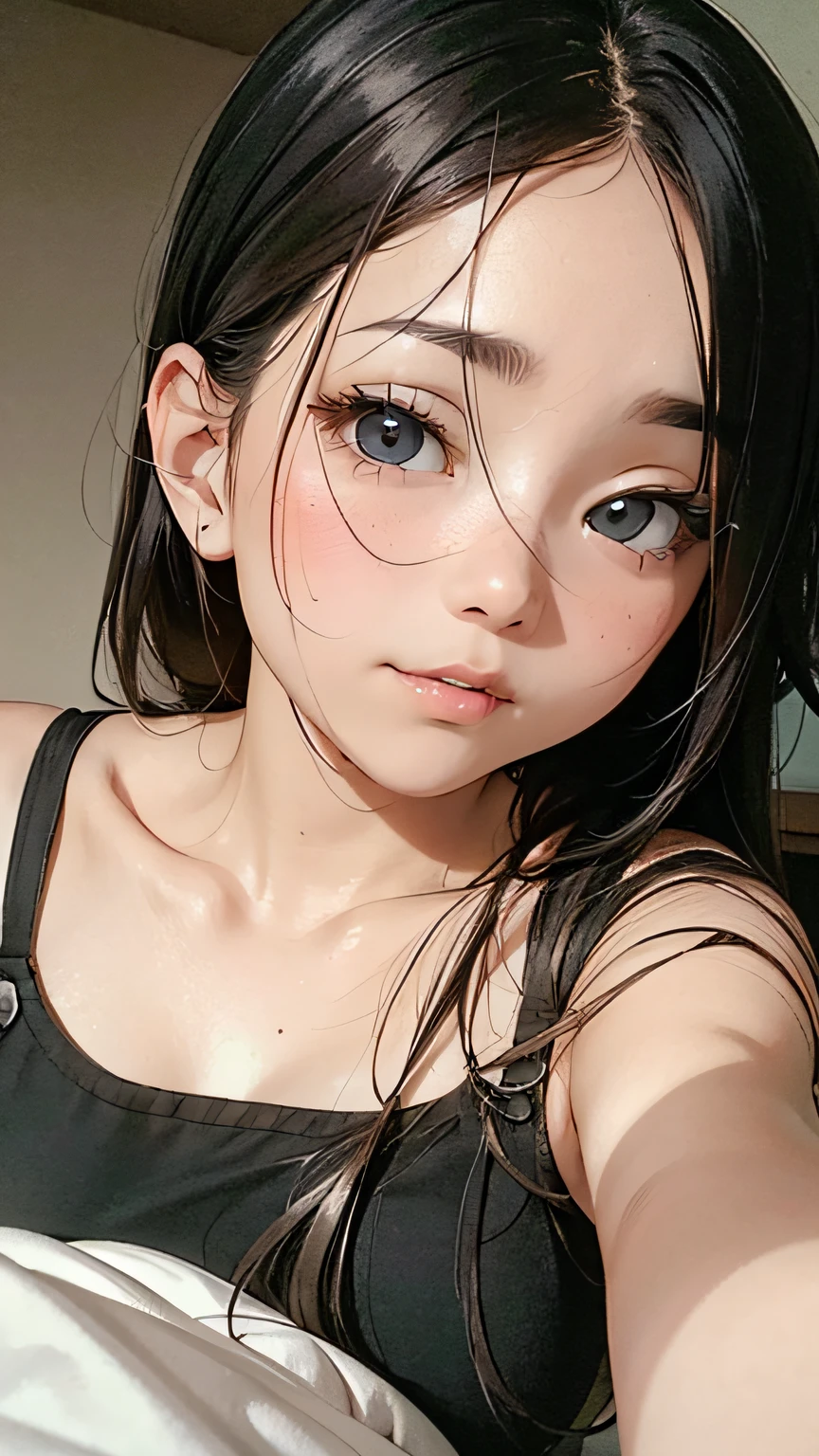 Top Quality、photorealestic、Beautiful girl crawling into bed ?????、Slept in the sheets,The silhouette faces the viewer、close one's eyes、Long hair、Black hair、Exquisite facial features,Shy face