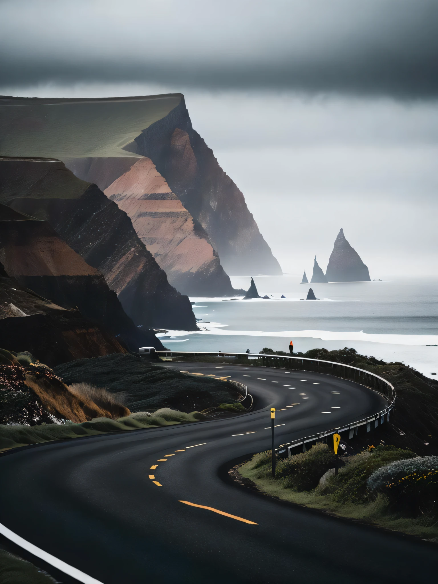 a person standing on the side of a road near the ocean