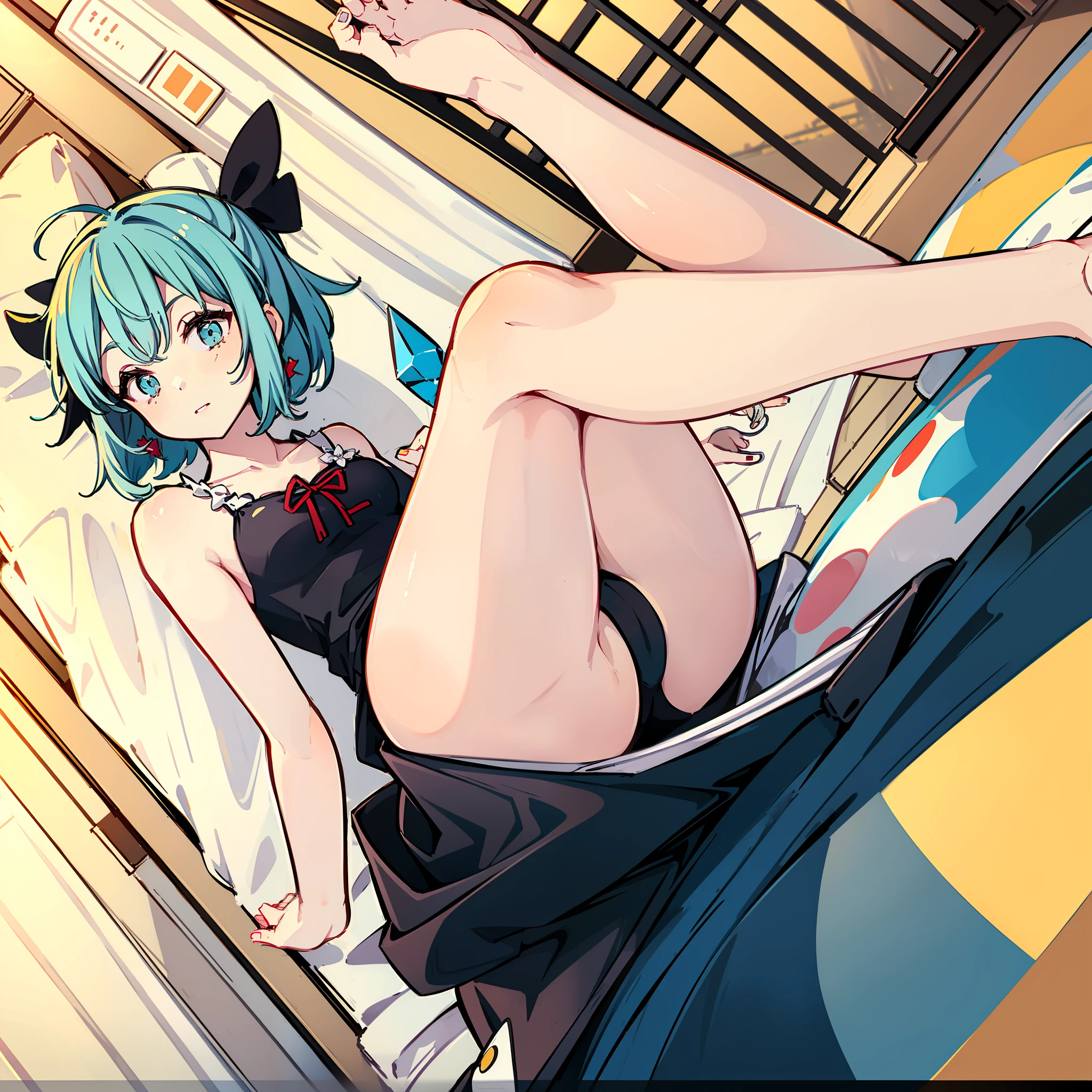 Woman with her legs spread on the bed, Front Angle, Cowboy Shot, masutepiece, Fine detail, 4K, 8K, 12K, Solo, One person, Beautiful girl, caucasian female, Eastern Project Cirno, different costume, 👙 , swimsuit, beach, Sunset