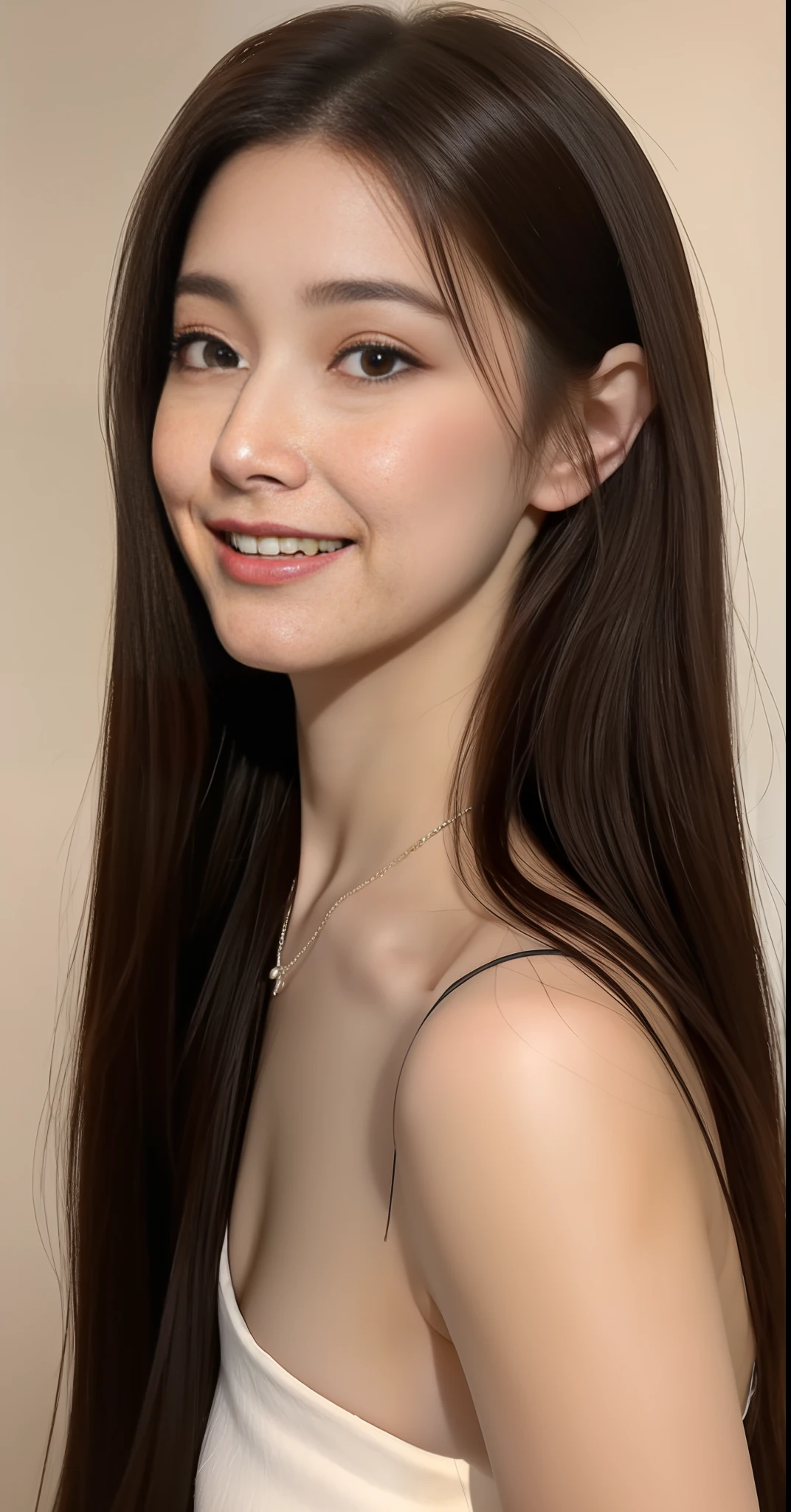 Girl around 18 years old, simple, extremely beautiful and delicate, (light makeup), brown hair, sweet smile, delicate beautiful fair skin, realistic and realistic, delicate and complete facial features, detailed facial portrayal, high nose bridge, red lips, beautiful gentle beautiful girl, flowing smooth hair, extremely delicate hair, soft temperament, face light, surreal, realistic, 8K picture quality, extreme details, realistic details, master works, realistic extreme, body, absolutely beautiful, pure desire, stunning beauty, peerless beauty, the highest picture quality, 8k resolution, goddess, smile, fine facial features, hair over the shoulder, brown hair, long thin legs, black bandeau dress with belt, legs exposed, sweet smile frank, surreal, blue gemstone necklace, sunlight, facing the camera, well-proportioned and firm figure, gentle eyes, exposed thighs, standing posture, standing in the mall, full body photo, medium view,