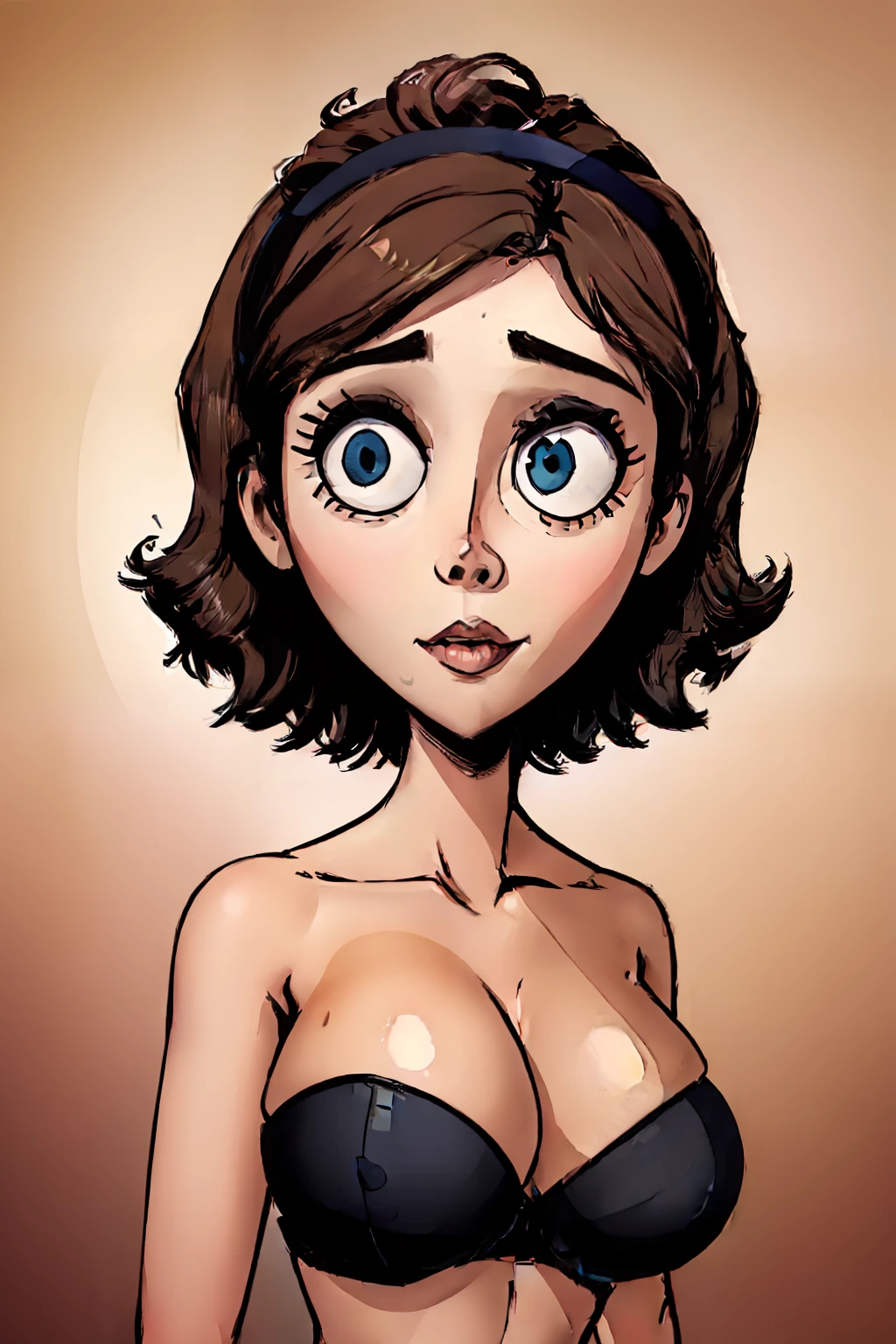 burtonesque, masterpiece, best quality, 1busty-girl in a Bra, preppy 18 yo, sexiness, the biggest breasts, short hair, portrait, cute, detailed eyes, beautiful eyes, wearing only a strapless bra, tan skin, faint-gloss on skin, (upper body:1.4), hairband, 35mm, 8k, ultra detailed, centered eyes, eye contact and gazing directly at viewer, perfect eyes, perfect face, adorable face, static pose, comfortable, relaxed natural stance, heavy eyeliner and eyeshadow, raised-areolas, huge puffy-areolas, erect-areolas, raised-nipples, presenting breasts and cleavage, self-breastgrab,