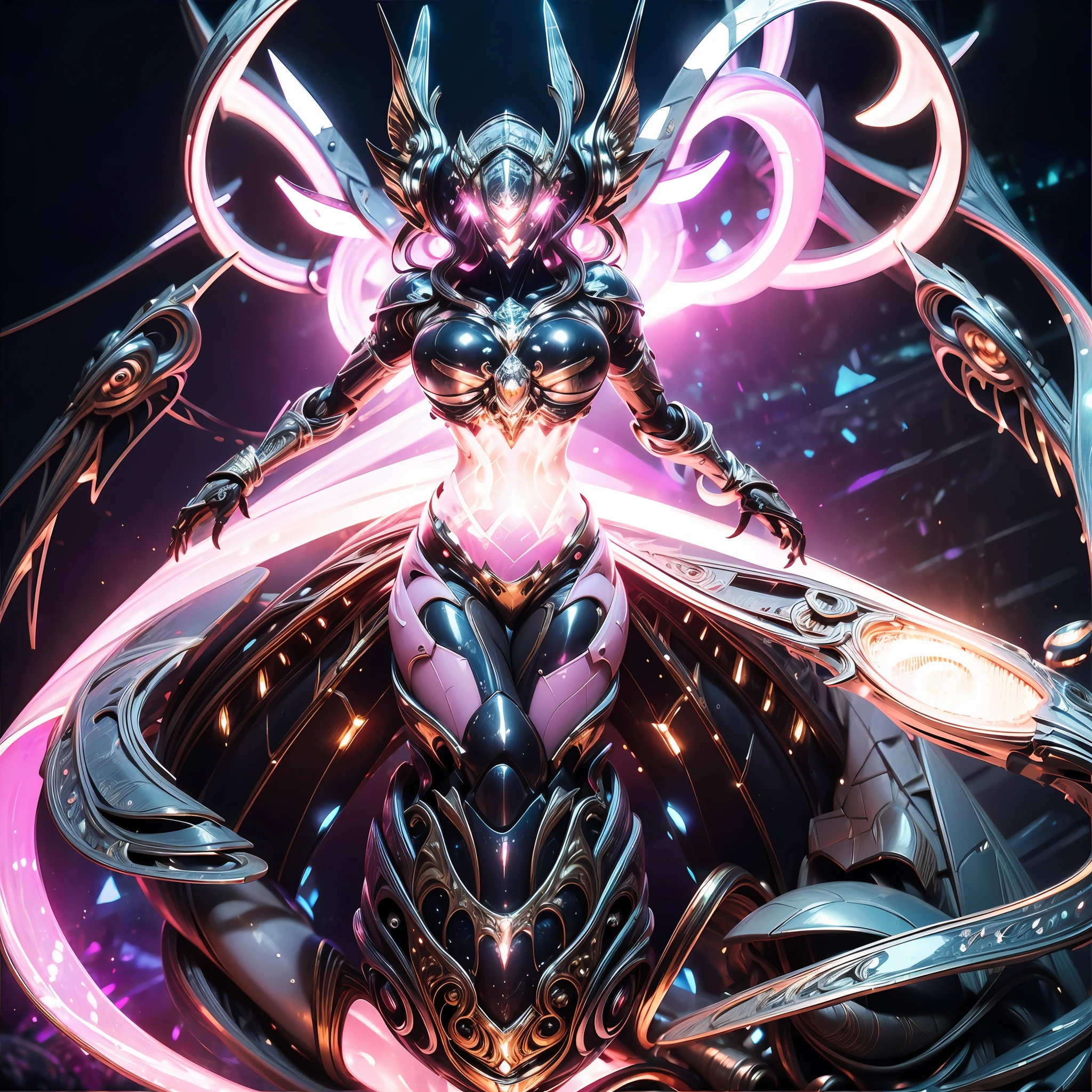 1 Mech Angel，glowing eyes,Perfectly symmetrical wings，Damascus Titanium pattern，Rose quartz color matching， Beautiful hair details，Bioluminescence, Chemiluminescence，insanely detailed and intricate, hypermaximalist, elegant, opulent, Ultra photo realsisim, Super detailed，