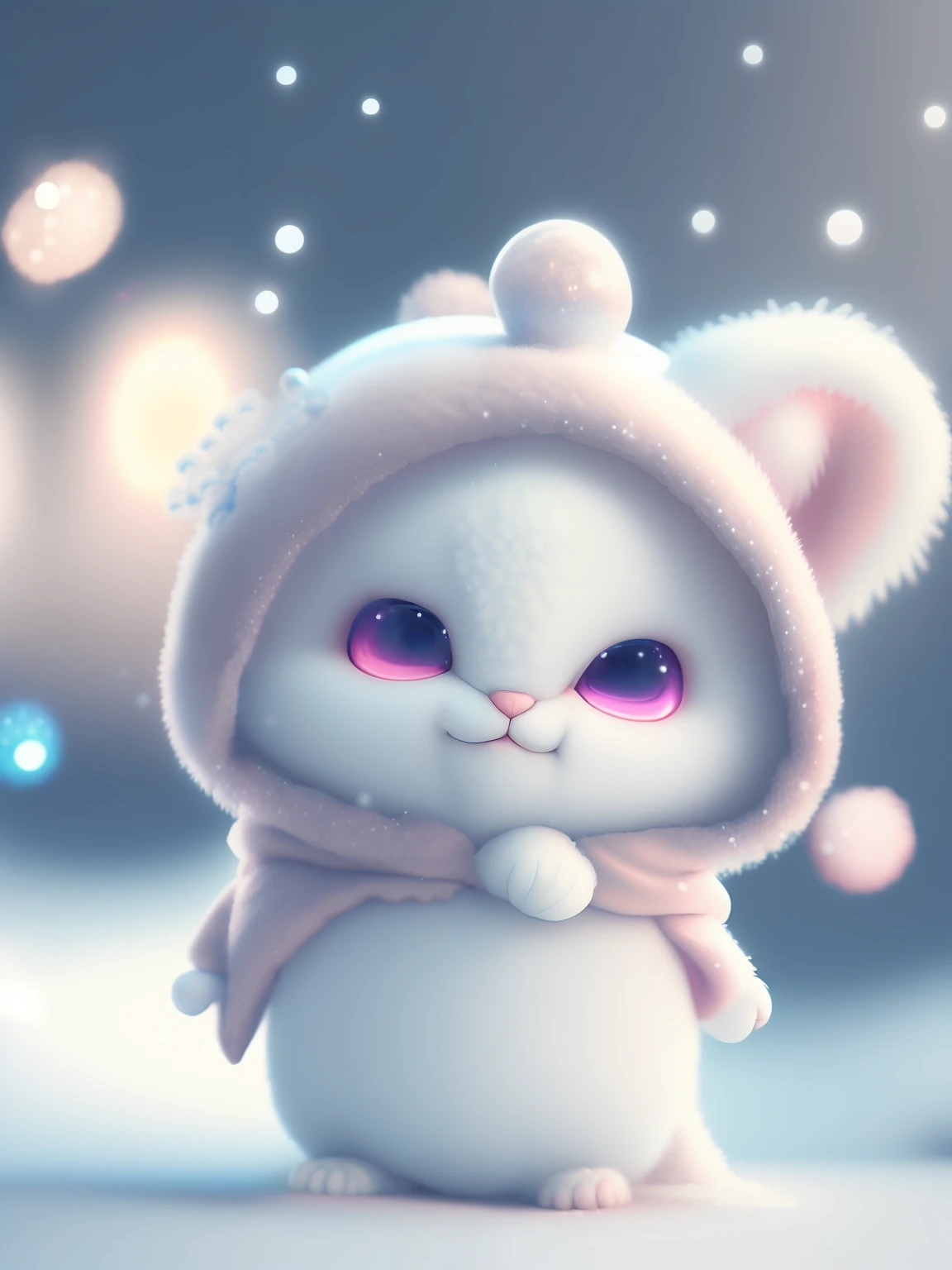 a cute little cat+Snow-white furry,Big bright eyes,A sweet smile,A sweet smile,Open-mouthed!!!,Dress up as a fashion model,Wearing a stylish suit with pink crystal texture,Hats and handbags,Snow white fluffy,Big bright eyes,Big bright eyes,standingn,Fluffy tail,Winter rises,The snow flutters gently,Extremely detailed 3D animation renders symmetrical center position, Super realistic, super detailing, posh, 3, 电影灯光, ultra clear details, Ultra-transparent material, Close-up of, complex texture, rendering by octane, zbrush, 8K, Ultra-realistic UREAL,Open-mouthed!!!,rightward!!!