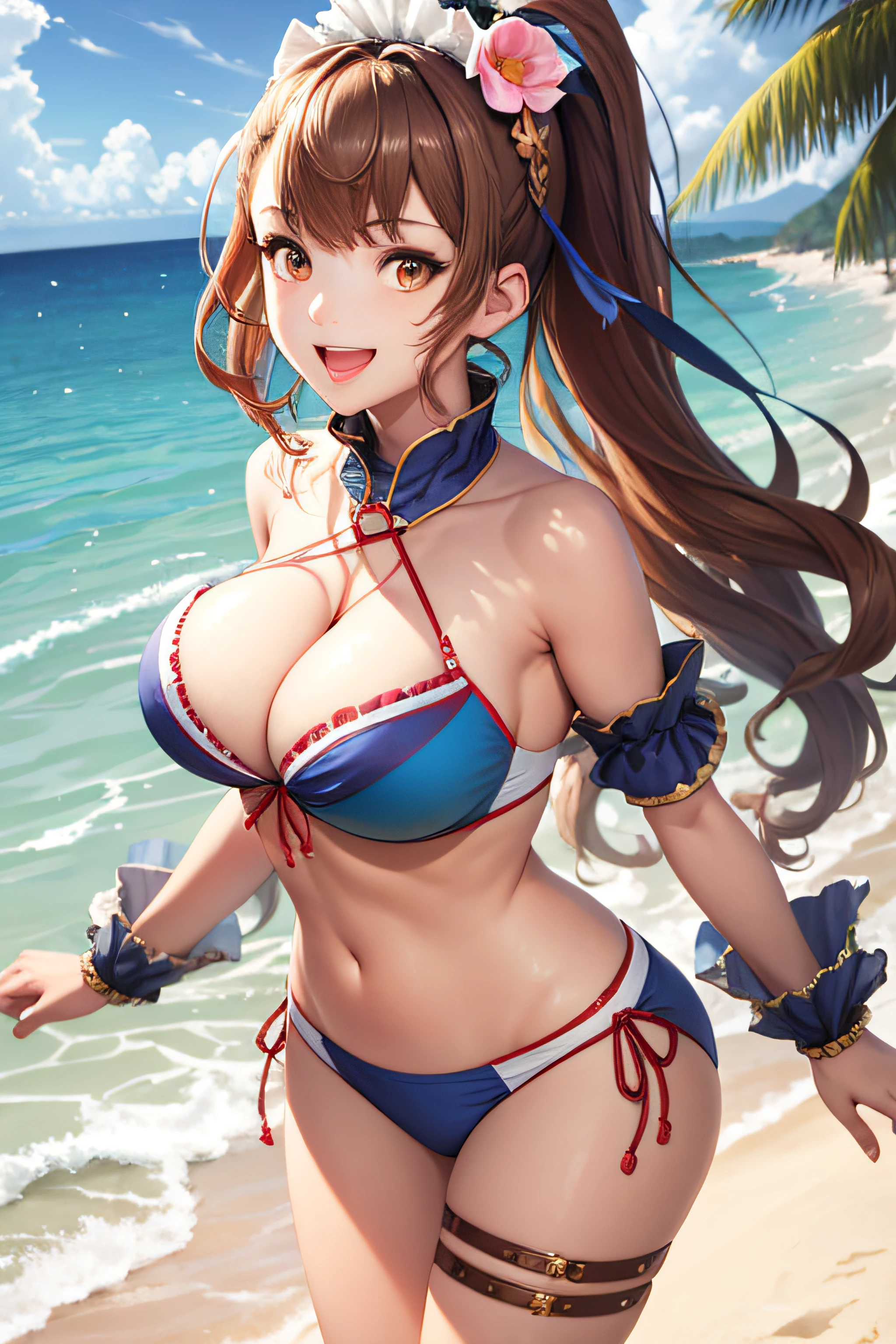 masterpiece, best quality, sumbeatrix, ponytail, blue bikini, hair ornament, wrist cuffs, thigh strap, sun, beach, running, shiny skin, (large breasts: 2), looking at viewer, smile, open mouth