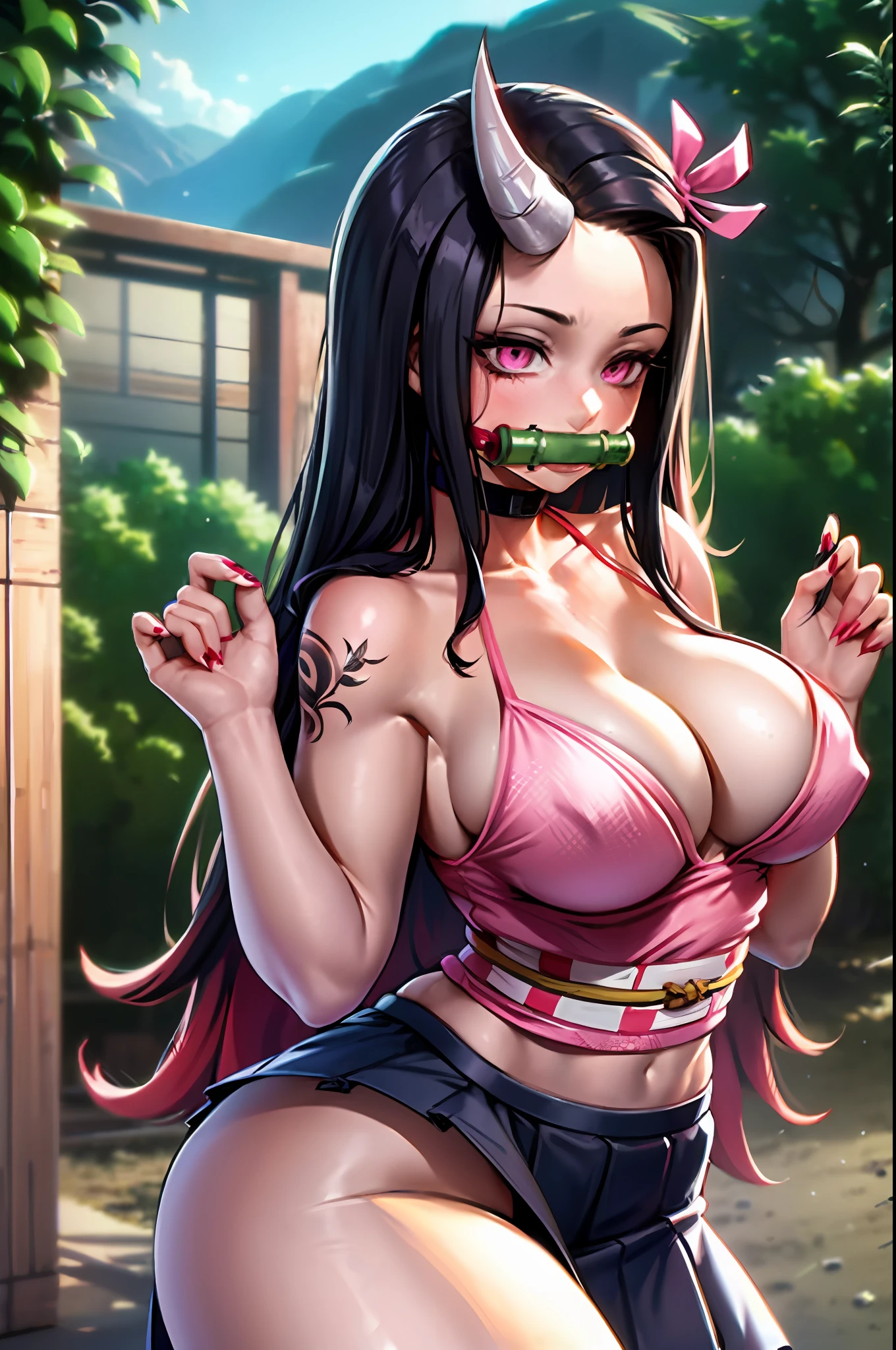 Kamado nezuko, 1girl, adult, aged, tattoos, asymmetrical bangs, bamboo, bangs, gag, black hair, blurry, blurry background, body marks, breasts, cleavage, cowboy shot, demon girl, nails, forehead, gag, gagged, gradient hair, hair ribbon, horns, school clothes, skirt, school girl,, big breasts, long nails, long hair, multicolored hair, open clothes, open kimono, outdoors, panties, pink eyes, pink kimono, pink nails, pink ribbon, red hair, ribbon, sharp nails, side locks, single horn, soil, thighs, tree, bicolor hair, underwear, white panties, ((masterpiece))