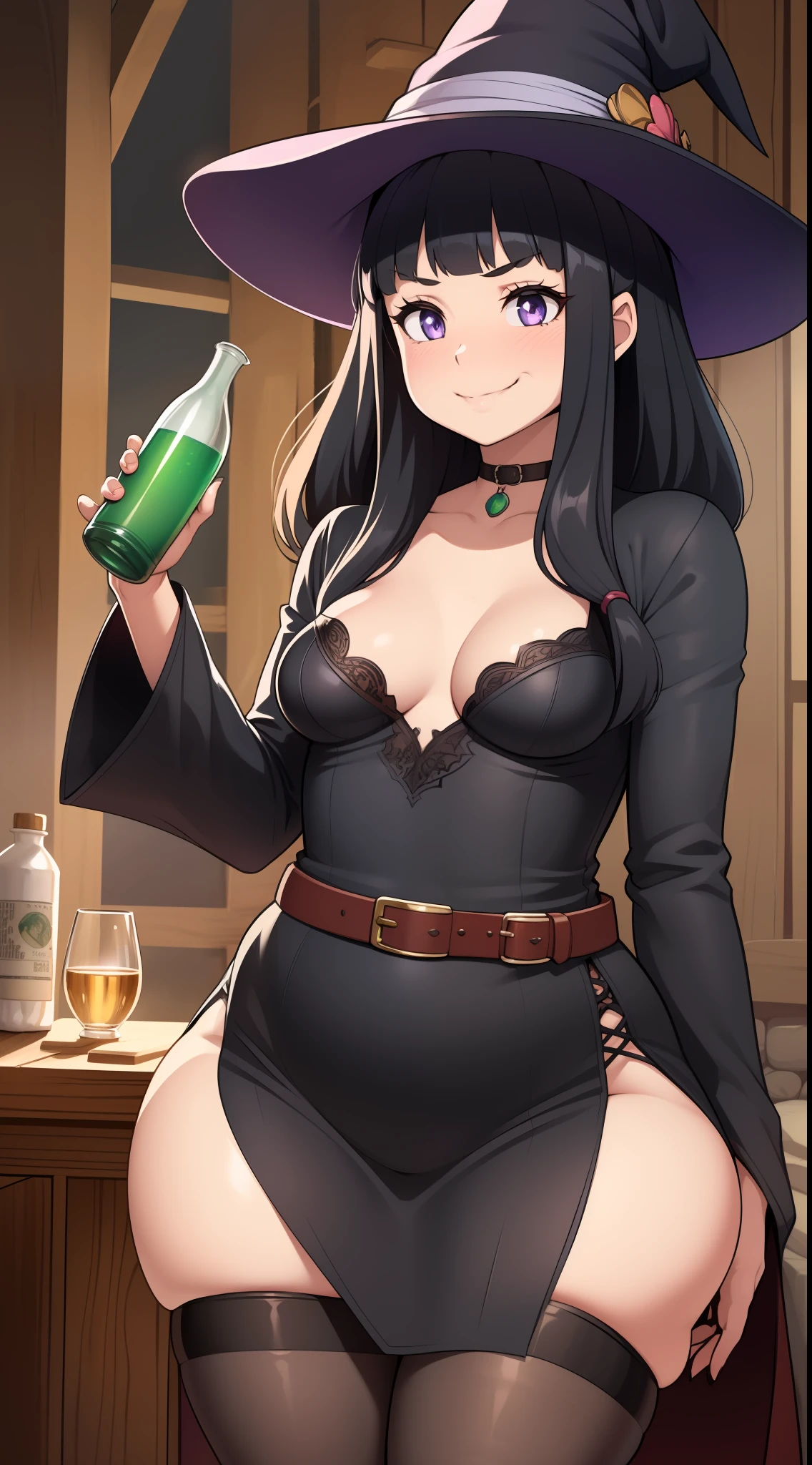 (((kipteitei art))), Masterpiece, high quality, best quality, beautiful, HD, perfect lighting, detailed face, detailed body, ((1girl)), ((solo)), medieval fantasy, fantasy village, long black hair, (fluffy hair), flowing hair, purple eyes, sly smile, smug, ((short black dress)), thigh highs, choker, belt across hip, witches hat, holding a green potion, ((small breasts)), cleavage, perky breasts, (((wide hips))), (((thick thighs))), small cabin, sleeves full of bottles,