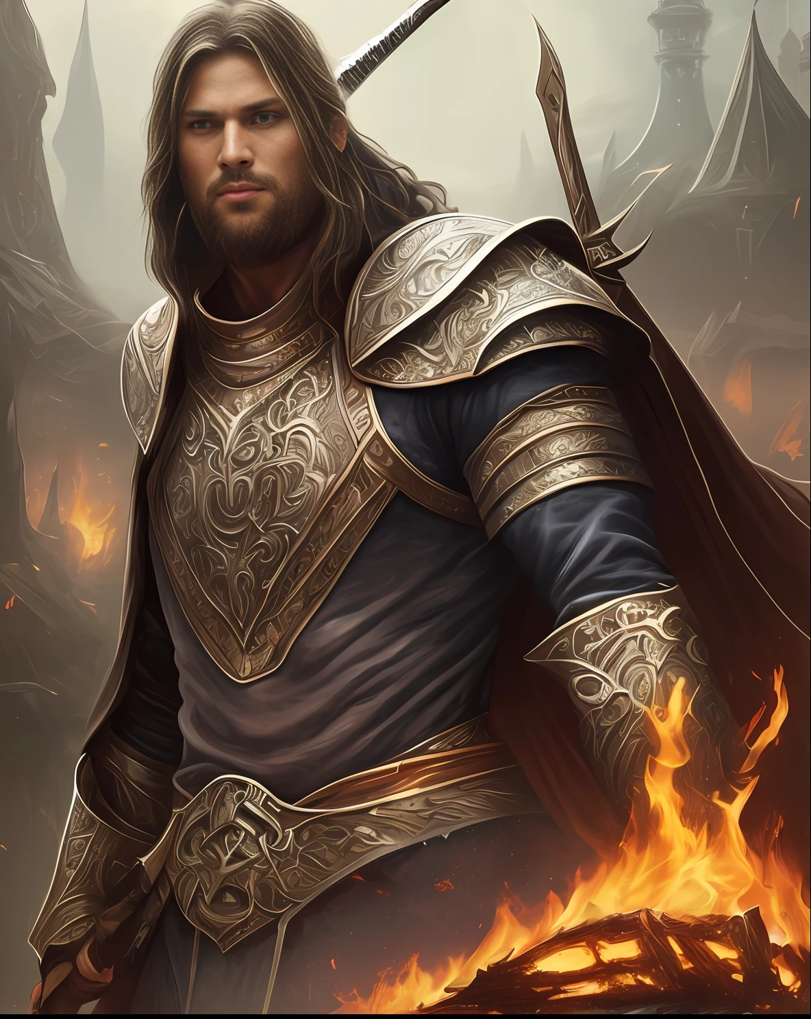 the cover for the swords of the gods siberian hybernation, in the style of realistic hyper-detailed portraits, romantic illustration, lovers meet, burned/charred, spatial concept art, precisionist art, dark bronze and crimson, close-up --auto