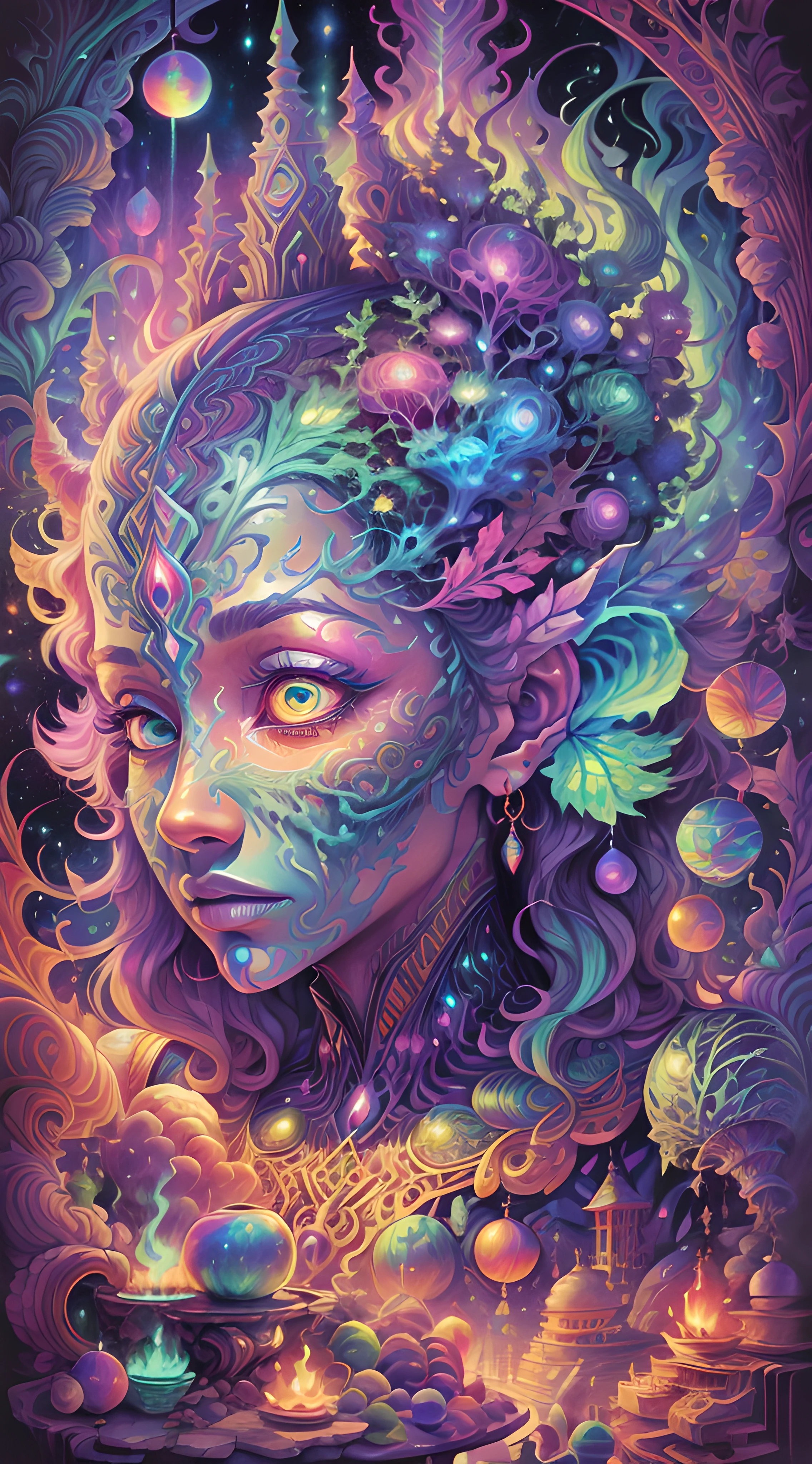 masterpiece, beautiful psychedelic entropy,best surreal masterpiece, top quality, best quality, official art, beautiful and aesthetic:1.2) , green skin godess and god ,children ,extreme detailed,colorful,highest detailed, official art, gold leaf ,glitter art ,unity 8k wallpaper, ultra detailed, beautiful and aesthetic, beautiful,fractal art, mystical and otherworldly, with intricate fur and piercing eyes, in the breathtaking mountain landscape of NCWinters ,alex grey ,psychedelic, dmt PsyAI