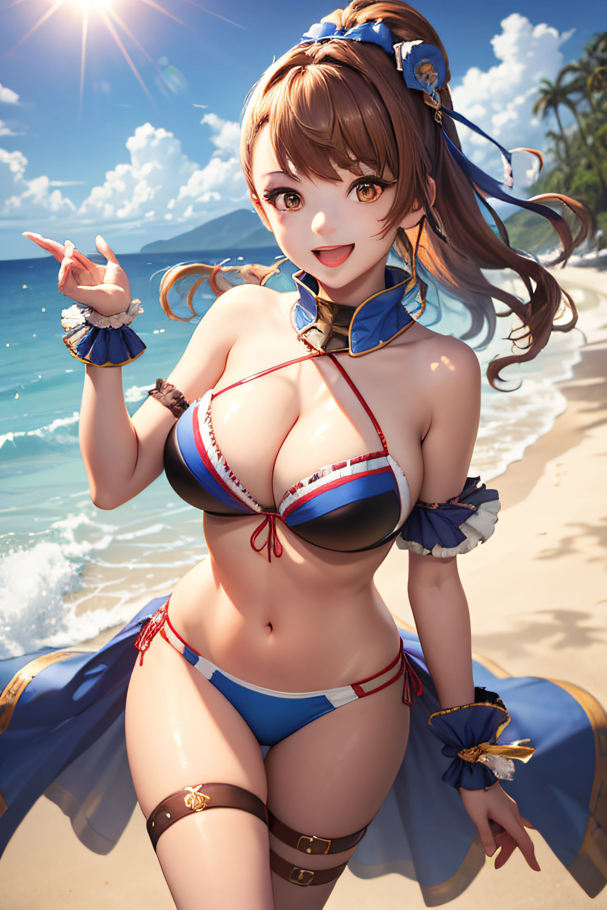 masterpiece, best quality, sumbeatrix, ponytail, blue bikini, hair ornament, wrist cuffs, thigh strap, sun, beach, running, shiny skin, (large breasts: 2), looking at viewer, smile, open mouth