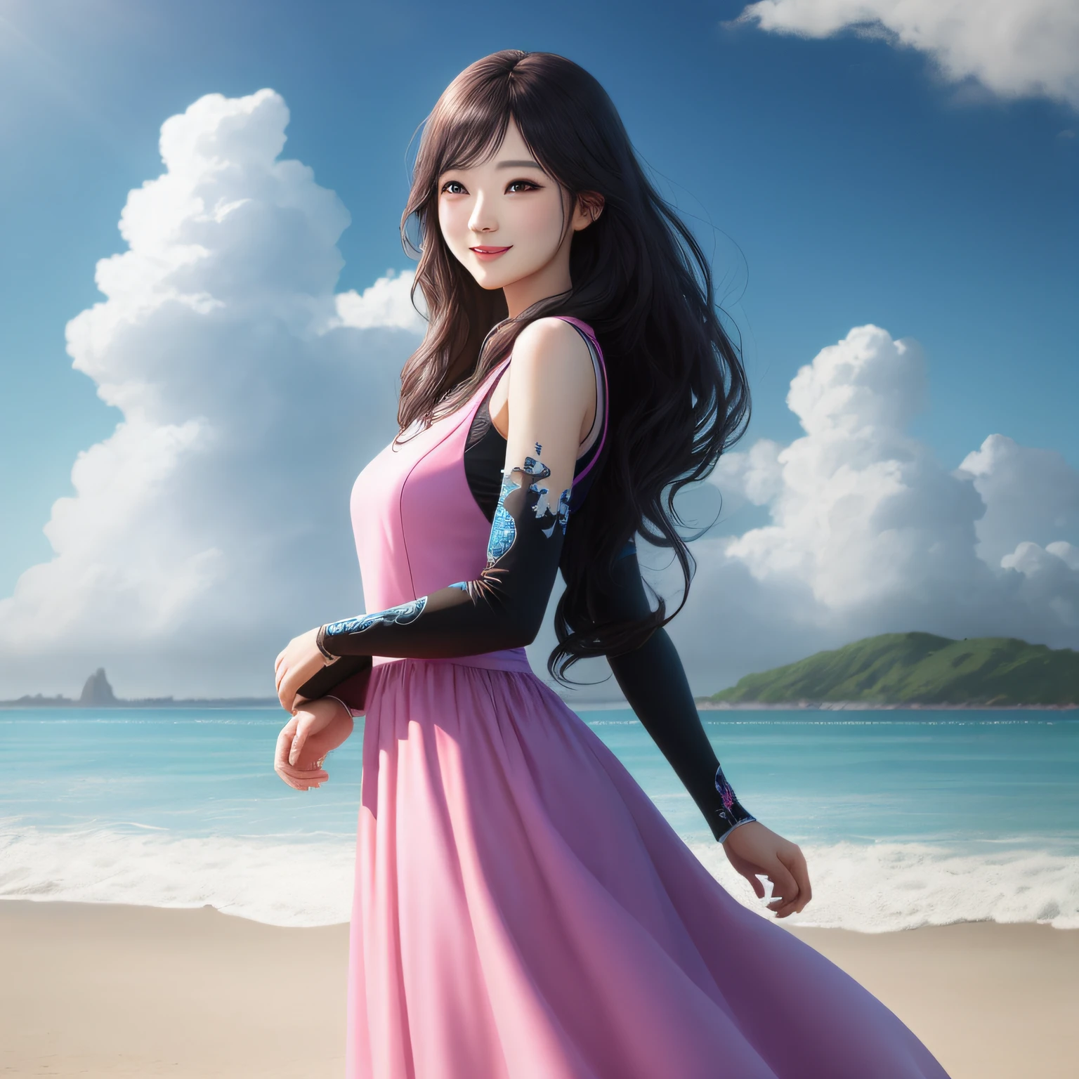 beachside，The blue sky and white clouds，Pink gauze dress，Black long-haired girl smiled with strong light all over her body，8K realistic style graphics。