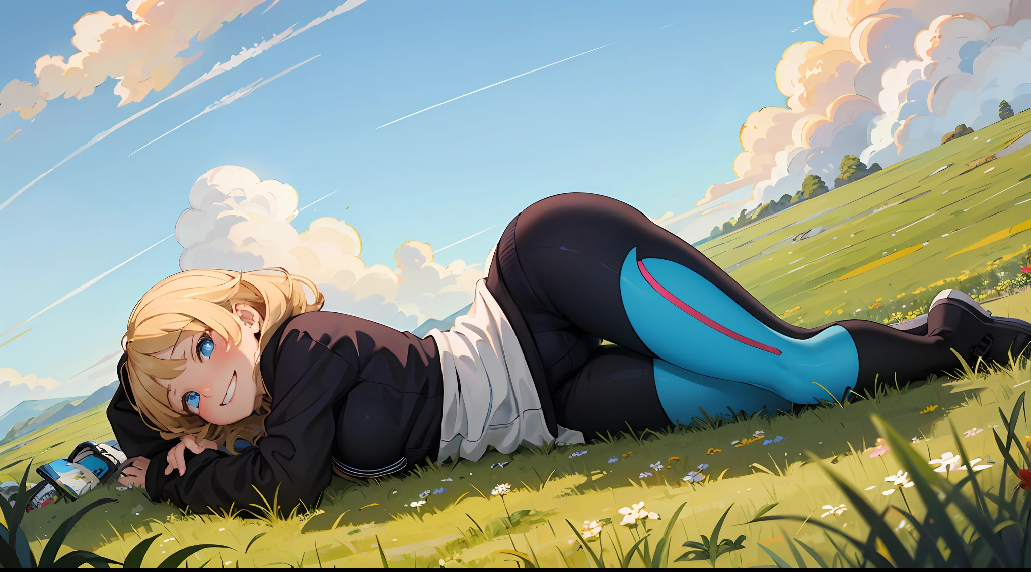 best quality, masterpiece, small breasts, smile, sweatshirt, leggings, outdoors, anime style, grass field, daytime, blue sky, blue eyes, detailed eyes, medium hair, blonde hair, loose hair, bangs, lying down, ass,
