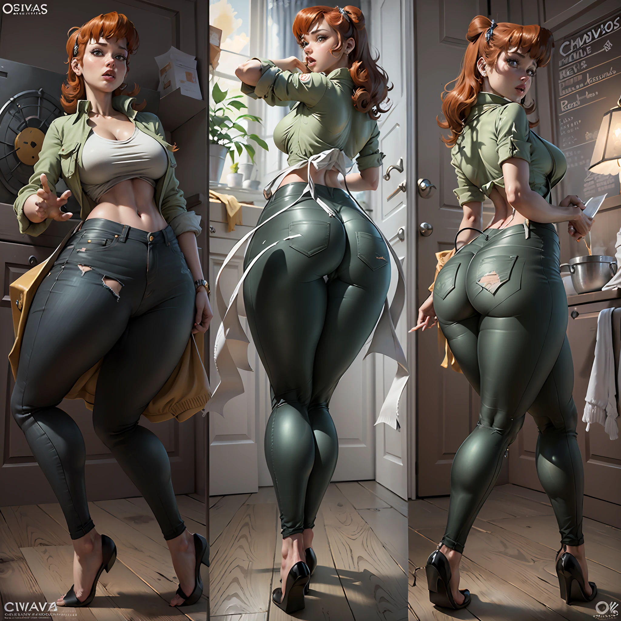 (melhor qualidade,alta resolução, obra-prima, propocoes perfeitas de corpo :1.5,saliente,Seios enormes :1.5), camelo,leg separation,thigh abduction, Olhando para o Viewer,cinematiclighting:1.2, quadris muito gigantesco :1.5,cintura fina,Mother Dexter,Cabelo laranja,Avental branco,tight jeans,trending on pixiv,devianart,best angle:1.2,perfect hands perfect proportions 4 fingers and a thumb,hands on thighs squeezing
