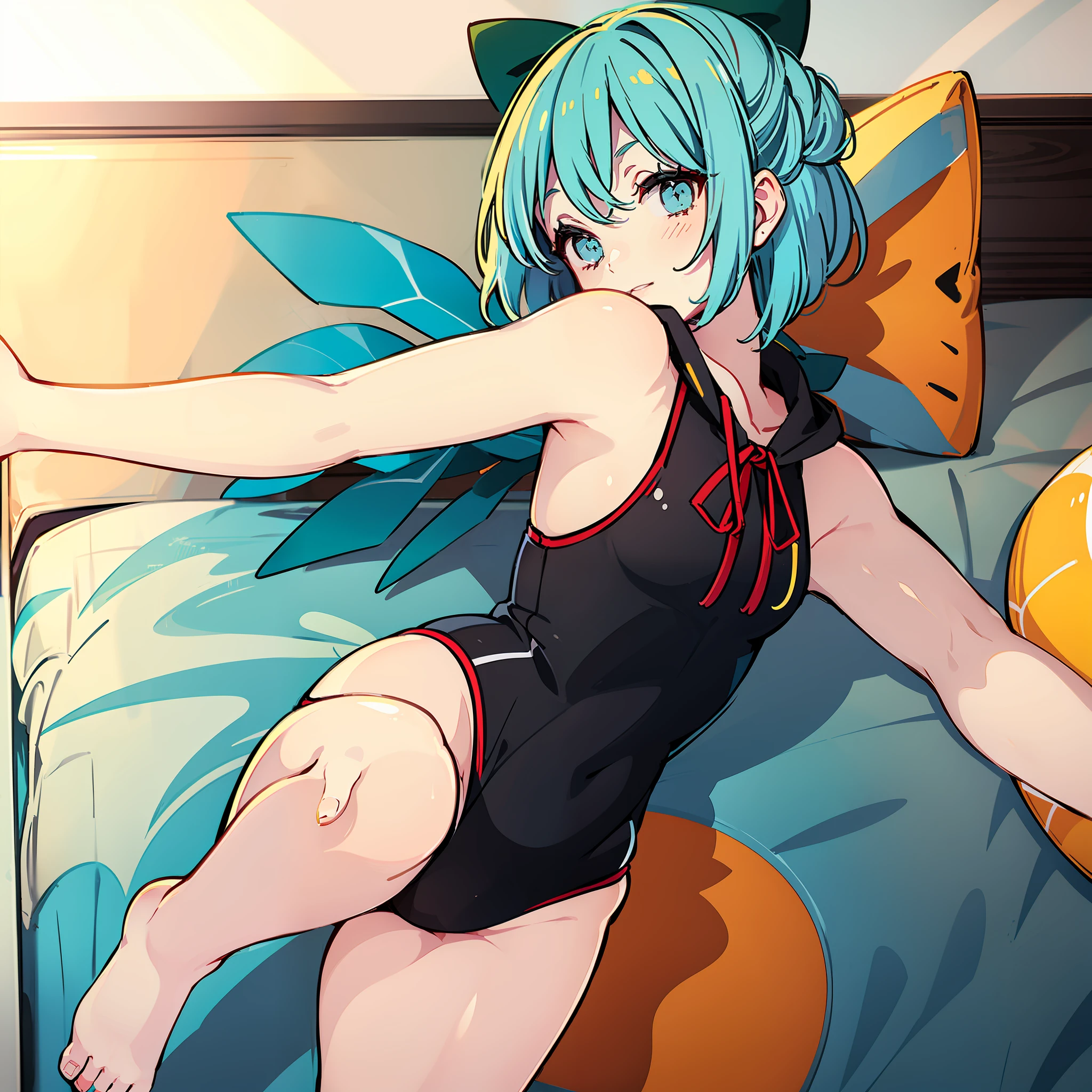 Woman with her legs spread on the bed, Front Angle, Cowboy Shot, masutepiece, Fine detail, 4K, 8K, 12K, Solo, One person, Beautiful girl, caucasian female, Eastern Project Cirno, different costume, 👙 , swimsuit, beach, Sunset