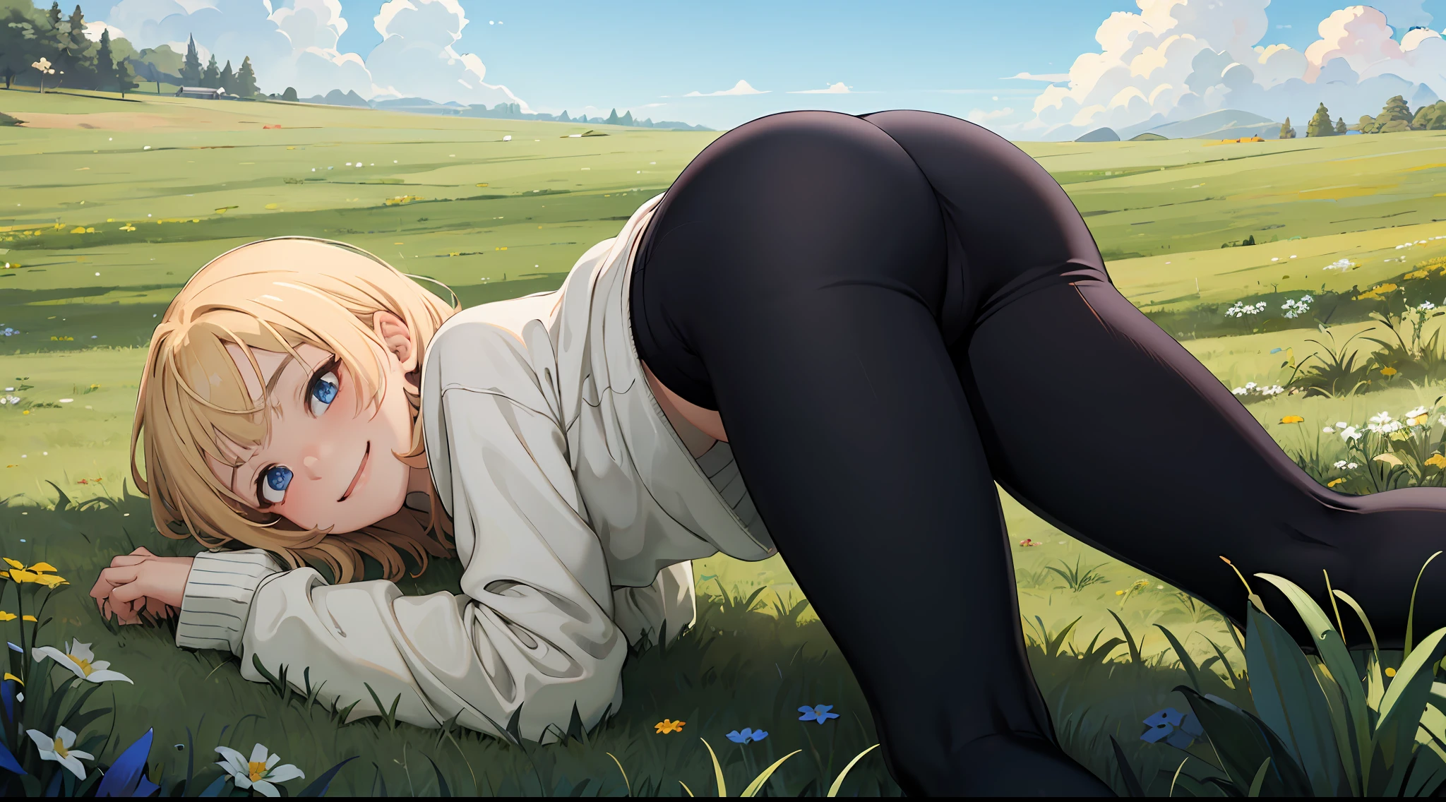 best quality, masterpiece, small breasts, smile, sweatshirt, leggings, outdoors, anime style, grass field, daytime, blue sky, blue eyes, detailed eyes, medium hair, blonde hair, loose hair, bangs, lying down, ass,