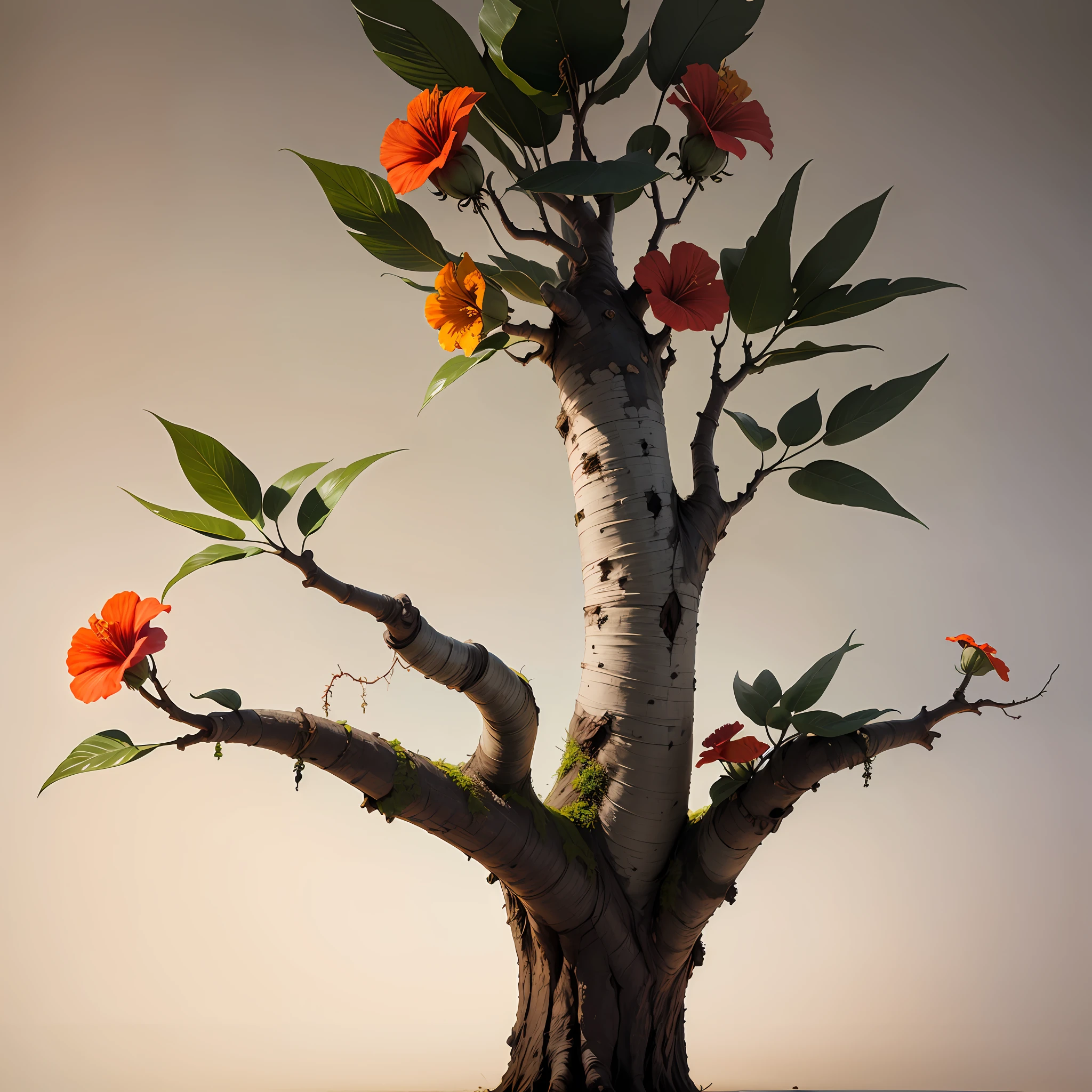 hibiscus flower blooming on a gnarled branch against a grey background, simple background, in the style of light orange and light beige, minimalist images, photography installations, paleocore, green and crimson, hyper-realistic, poetic intimacy --auto