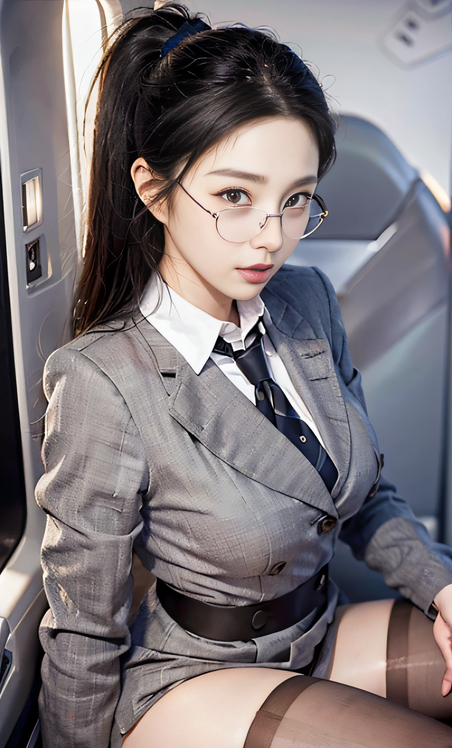 ulzzang-6500-v1.1, (raw photo:1.2), (photorealistic:1.4), ridiculous, incredibly ridiculous, huge file size, super detailed, high resolution, very detailed, best quality, masterpiece, ((flight attendant)), illustration, very detailed, CG, unified, 8k wallpaper, amazing, fine detail, masterpiece, best quality, very detailed CG uniform 8k wallpaper, face light, movie lighting, 1girl, 16 years old, white hair, high ponytail, ((no panties)), (glasses), ((dynamic pose))), (camel toe), (half), (stockings)), (knee-bending and holding legs))