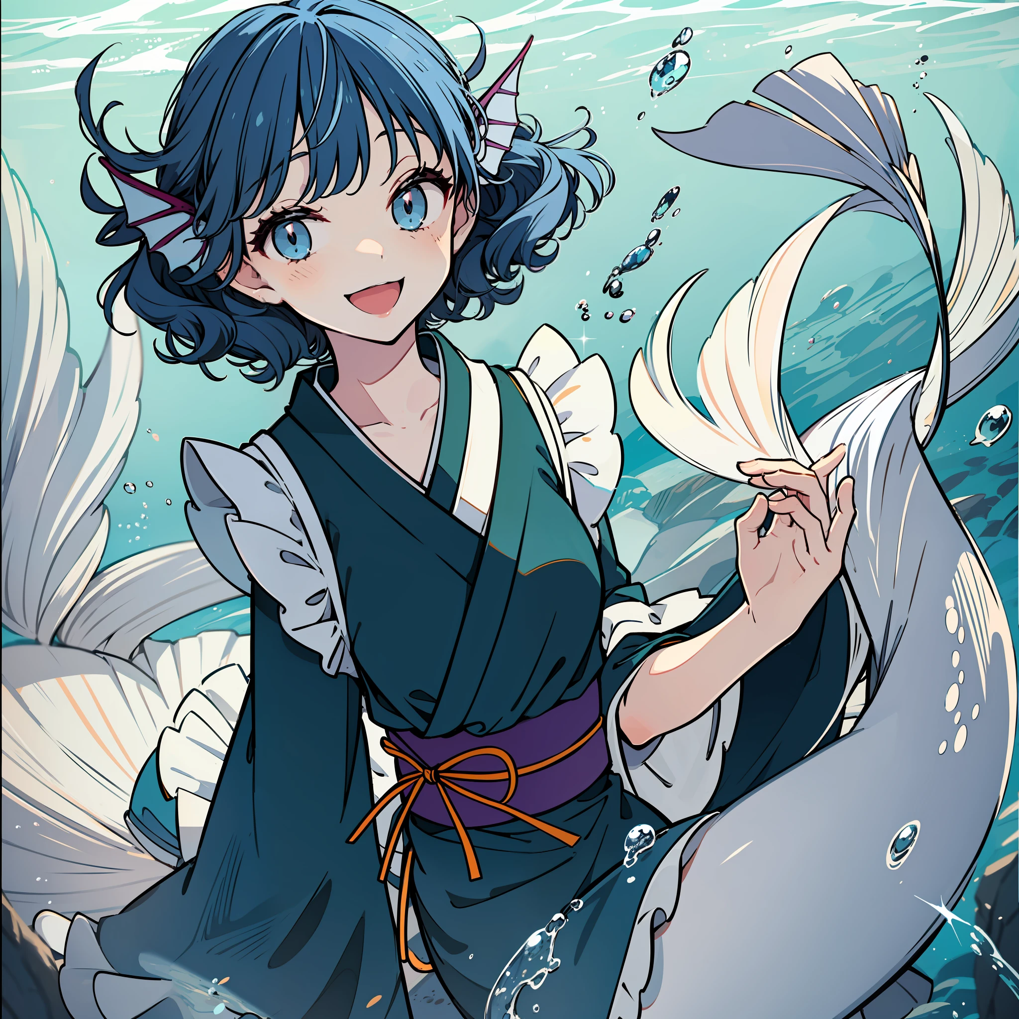 an anime character that is dressed up as a mermaid is talking, 1girl, mermaid, wakasagihime, monster girl, solo, kimono, blue eyes, japanese clothes, blue hair, green kimono, head fins, underwater, open mouth, sash, smile, wide sleeves, short hair, frilled kimono, obi, bubble, frills, long sleeves