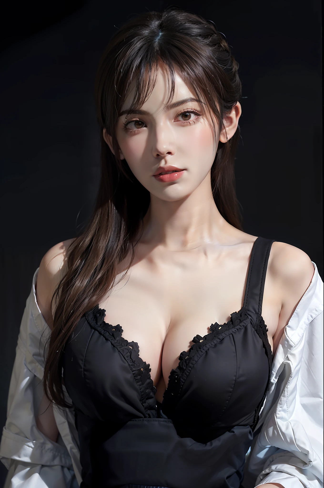Hyperrealist portrait of female by david hockney and alphonse mucha,fantasy art, photo realistic, dynamic lighting, artstation, poster, volumetric lighting, very detailed faces, 4 k, award winning,, 1girl, in the dark, deep shadow, low key,cowboy shot,(official clothing:1.4) ,long hair,white hair,