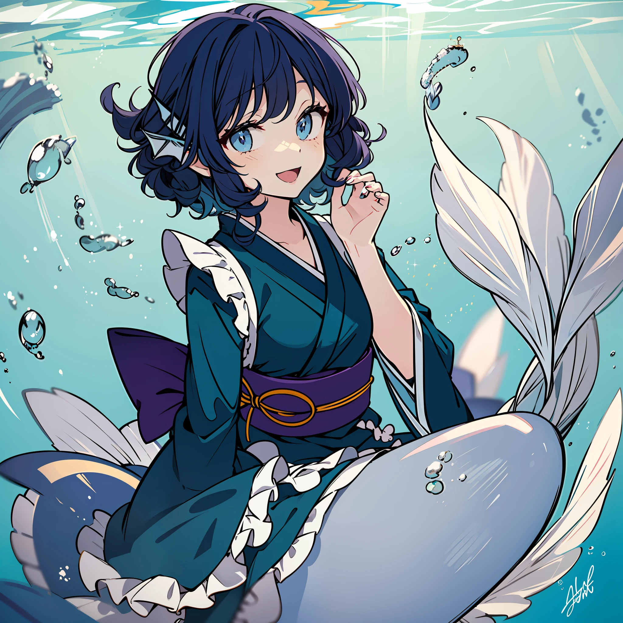 an anime character that is dressed up as a mermaid is talking, 1girl, mermaid, wakasagihime, monster girl, solo, kimono, blue eyes, japanese clothes, blue hair, green kimono, head fins, underwater, open mouth, sash, smile, wide sleeves, short hair, frilled kimono, obi, bubble, frills, long sleeves