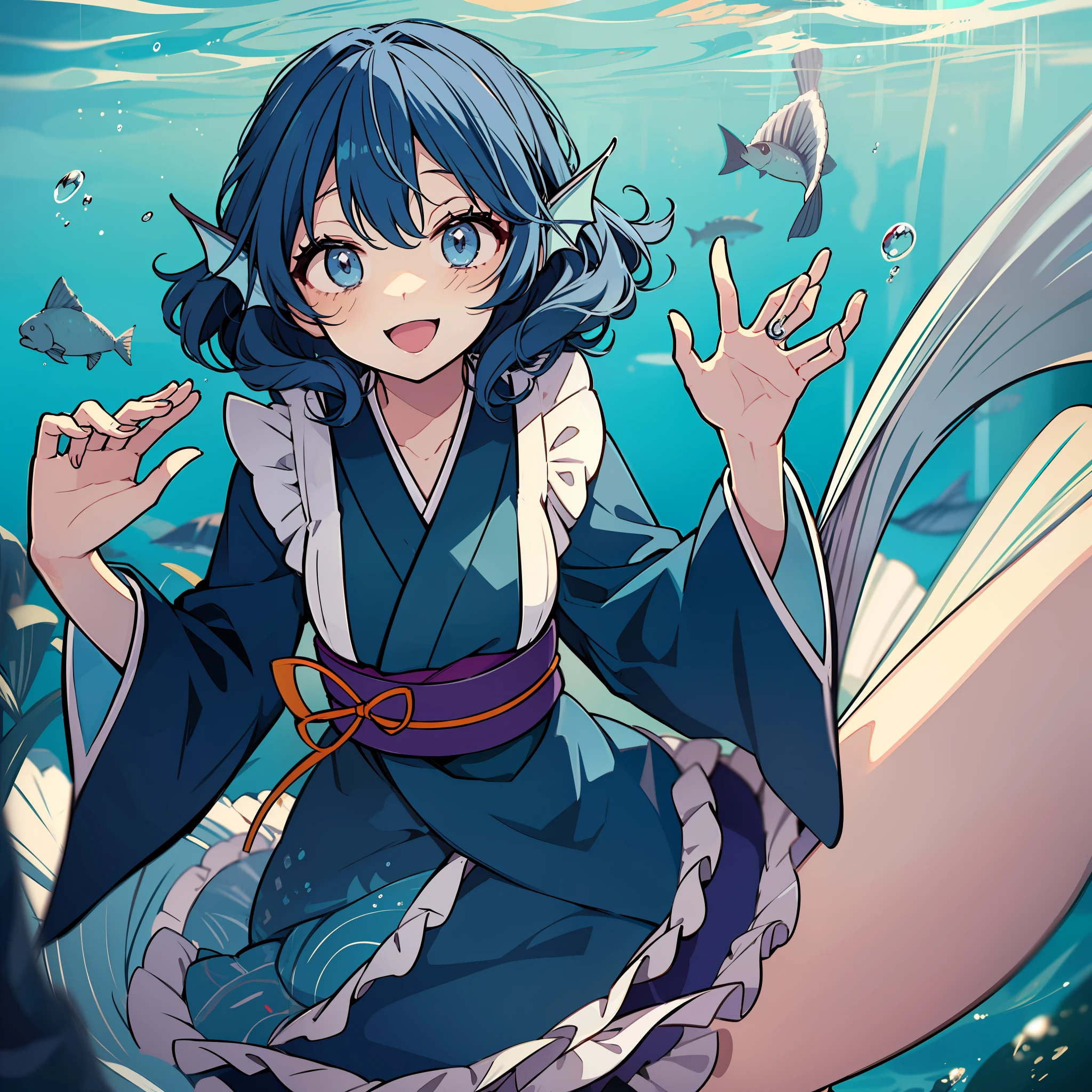 an anime character that is dressed up as a mermaid is talking, 1girl, mermaid, wakasagihime, monster girl, solo, kimono, blue eyes, japanese clothes, blue hair, green kimono, head fins, underwater, open mouth, sash, smile, wide sleeves, short hair, frilled kimono, obi, bubble, frills, long sleeves