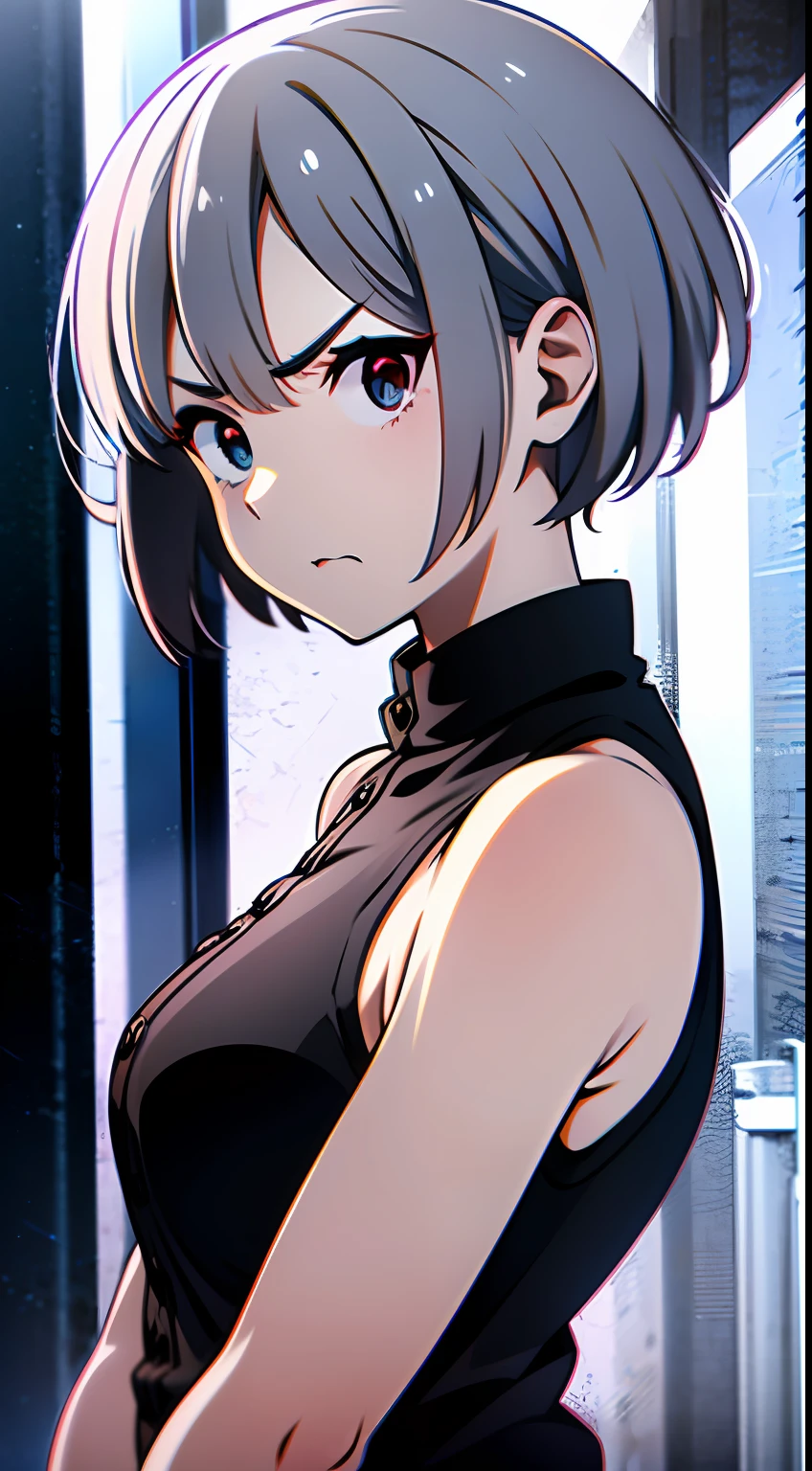 REM REZERO, cabello corto, grey hair, ojos rojos, rostro enojado, angry, sleeveless shirt, black shirt, senos grandes, Vaqueros negros, en medio de la calle, retrato,