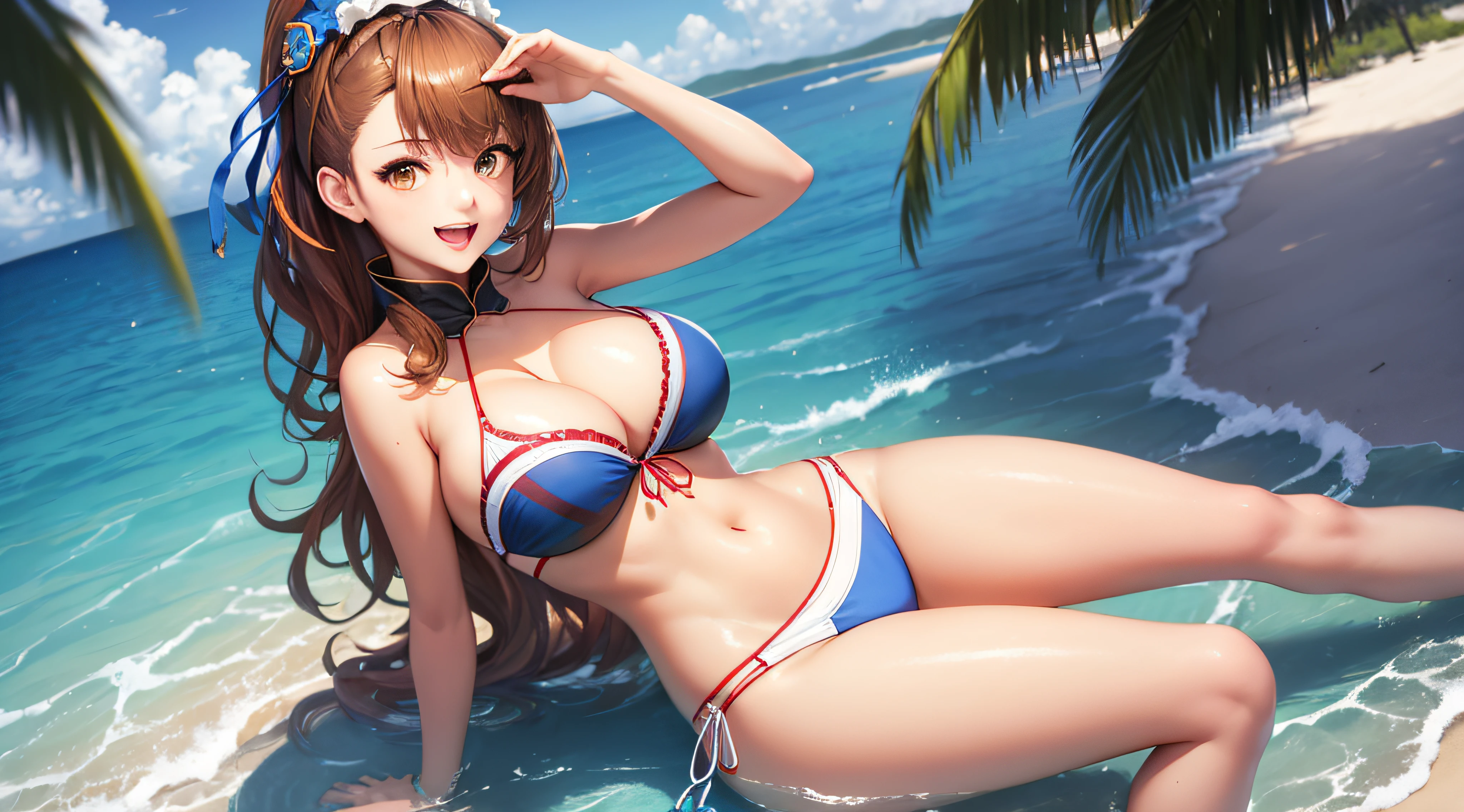 masterpiece, best quality, sumbeatrix, ponytail, blue bikini, hair ornament, sun, beach, running, shiny skin, (large breasts: 3), looking at viewer, smile, open mouth, legs, sitting, perfect hands