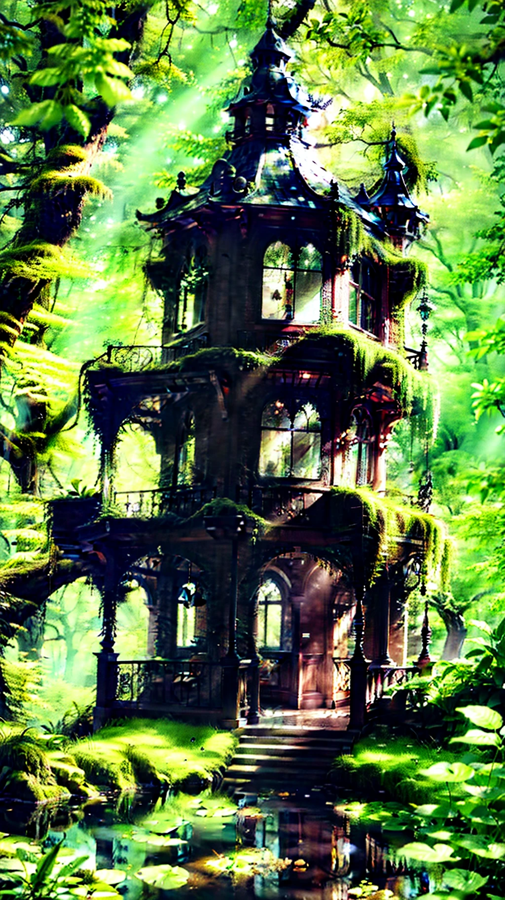 Old style painting, abandoned overgrown castle mansion in the forest, oversaturated, princess tower, gazebo, balcony, colorful, very detailed, high resolution, ray traced reflections, dramatic lighting, 8k vibrant colors, detailed Acrylic, Intricate, Soft Natural Volumetric Film Perfect Light, Oil Painting