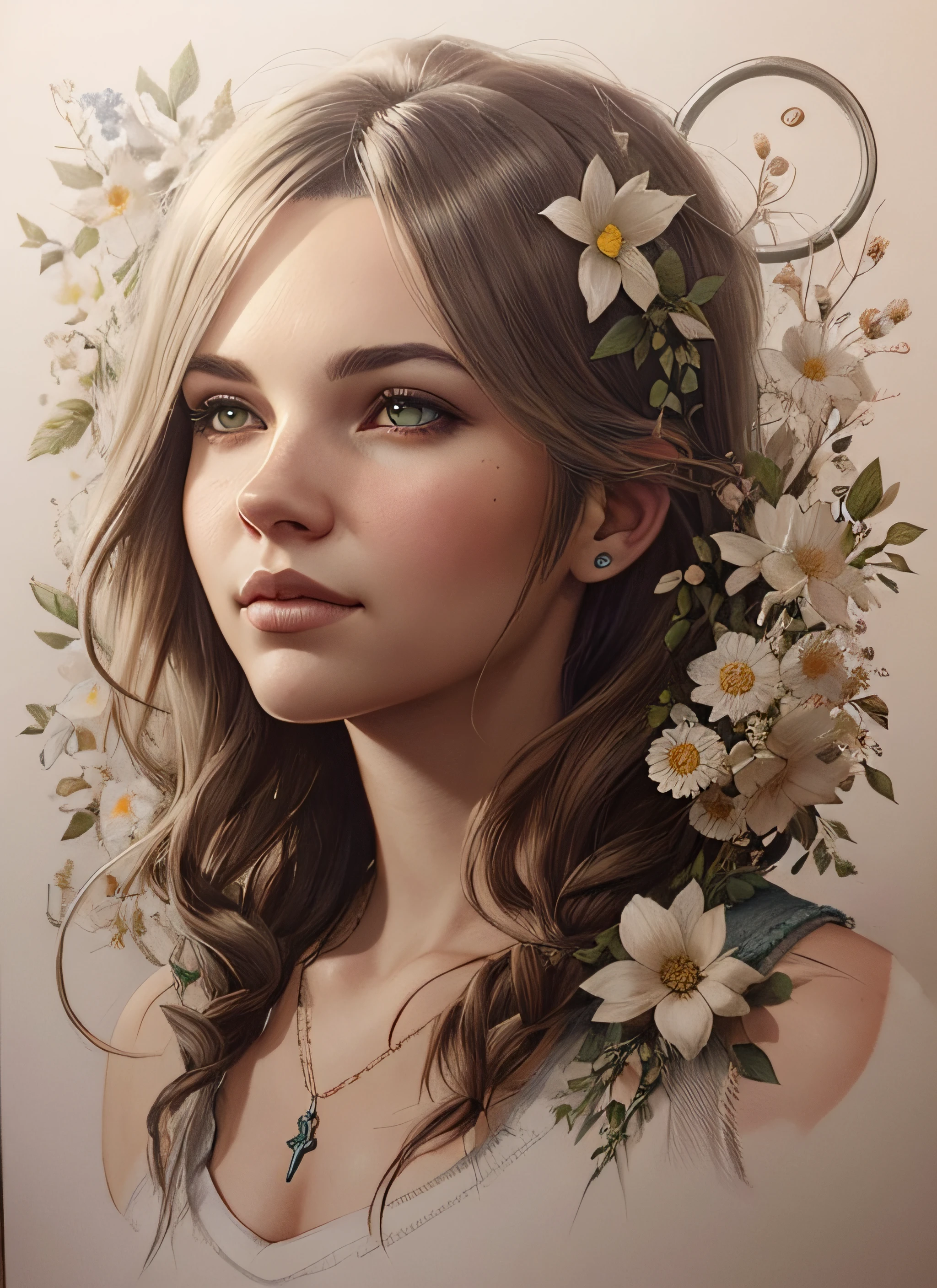 Charlie Bowater realistic Lithography sketch portrait of a woman, flowers, [gears], pipes, dieselpunk, multi-colored ribbons, old paper texture, highly detailed, peaceful and beautiful, final fantasy XV