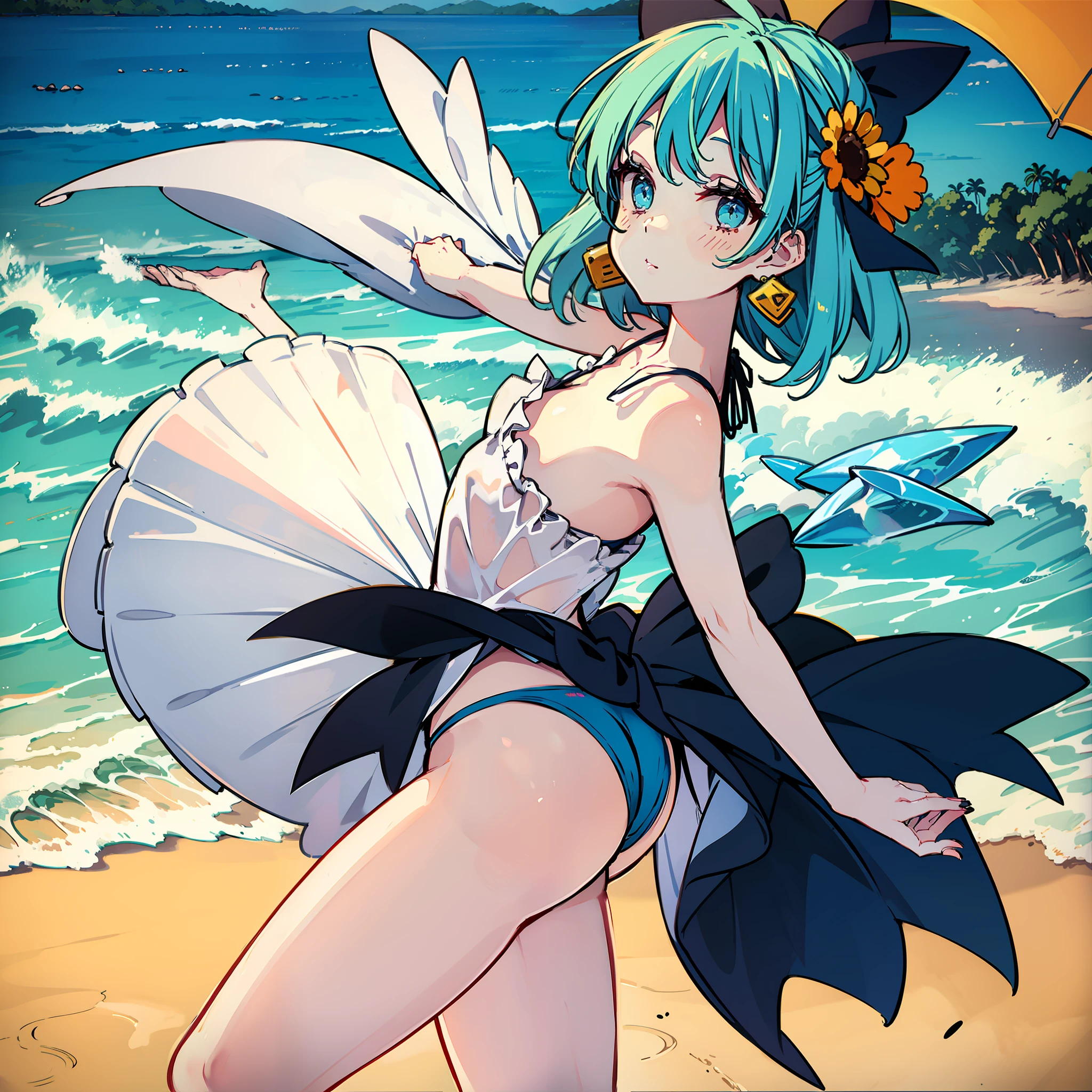 Front Angle, Cowboy Shot, masutepiece, Fine detail, 4K, 8K, 12K, Solo, One person, Beautiful girl, caucasian female, Eastern Project Cirno, different costume, 👙 , swimsuit, beach, Sunset