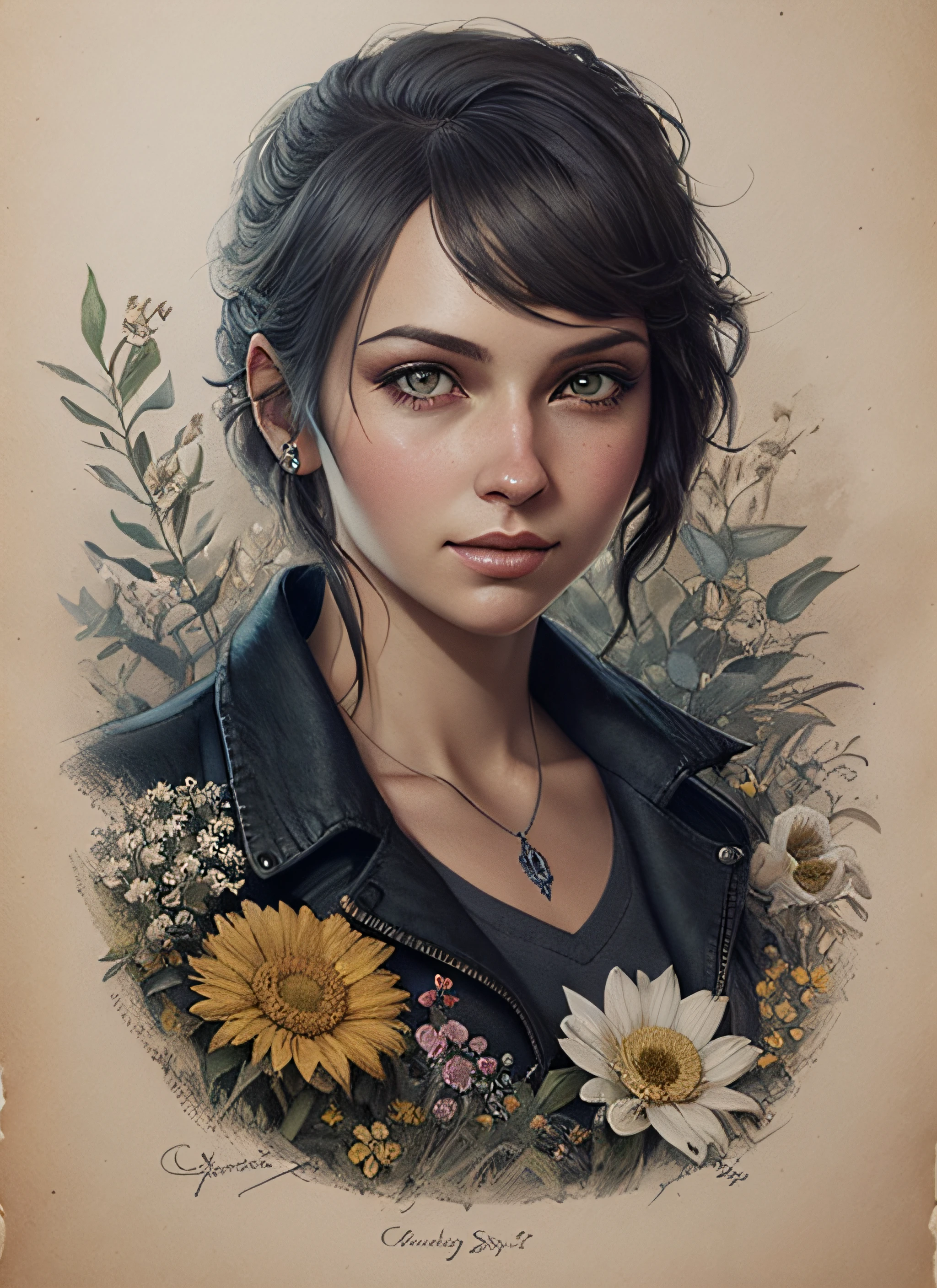 Charlie Bowater realistic Lithography sketch portrait of a woman, flowers, [gears], pipes, dieselpunk, multi-colored ribbons, old paper texture, highly detailed, peaceful and beautiful, final fantasy XV