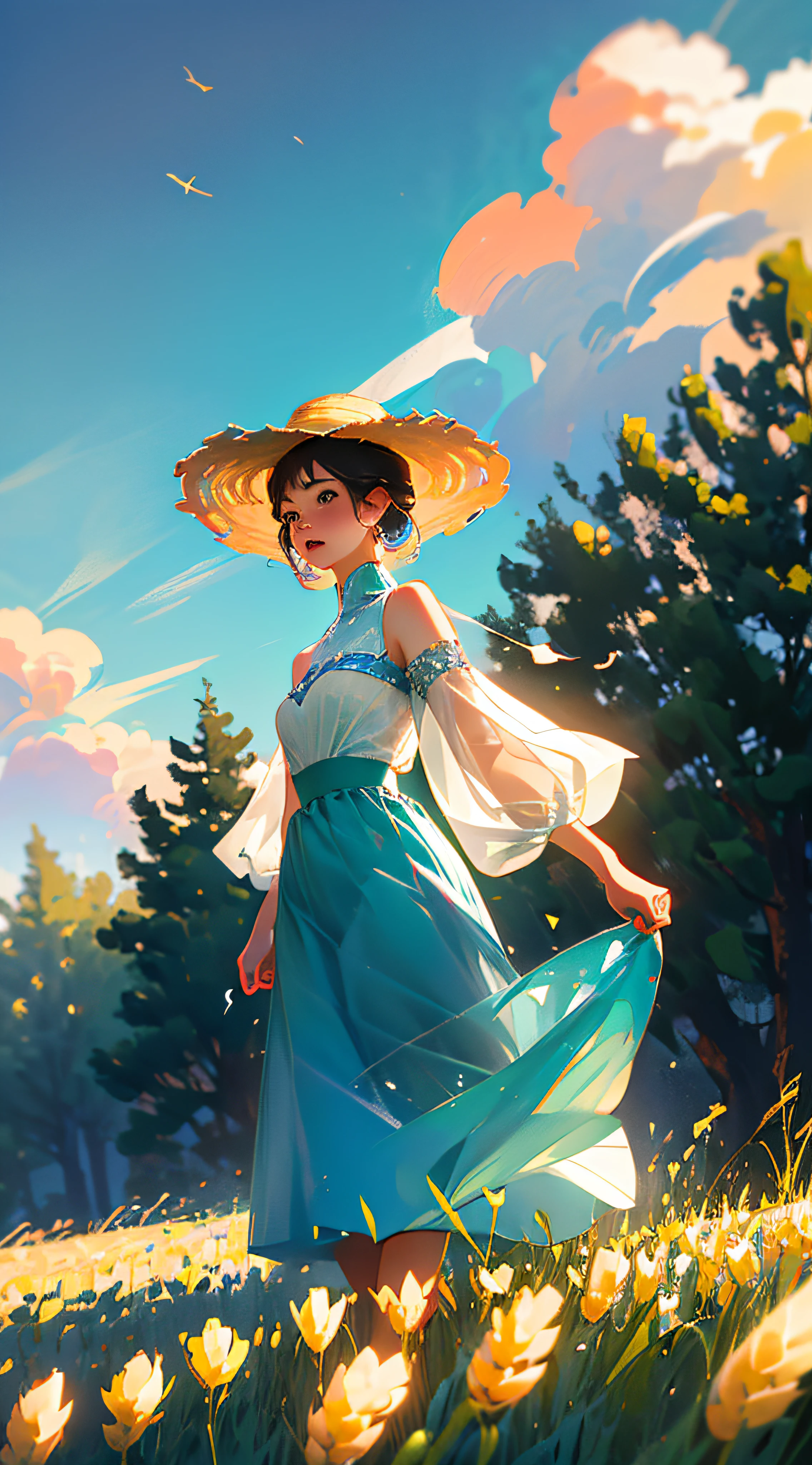 Wheat field, a little girl with a straw hat standing in a wheat field, big clouds, blue sky, rice field, neat rice seedlings in the field, forest, hillside, secluded, countryside, HD detail, hyperdetail, cinematic, surrealism, soft light, deep field focus bokeh, ray tracing and surrealism. --v6