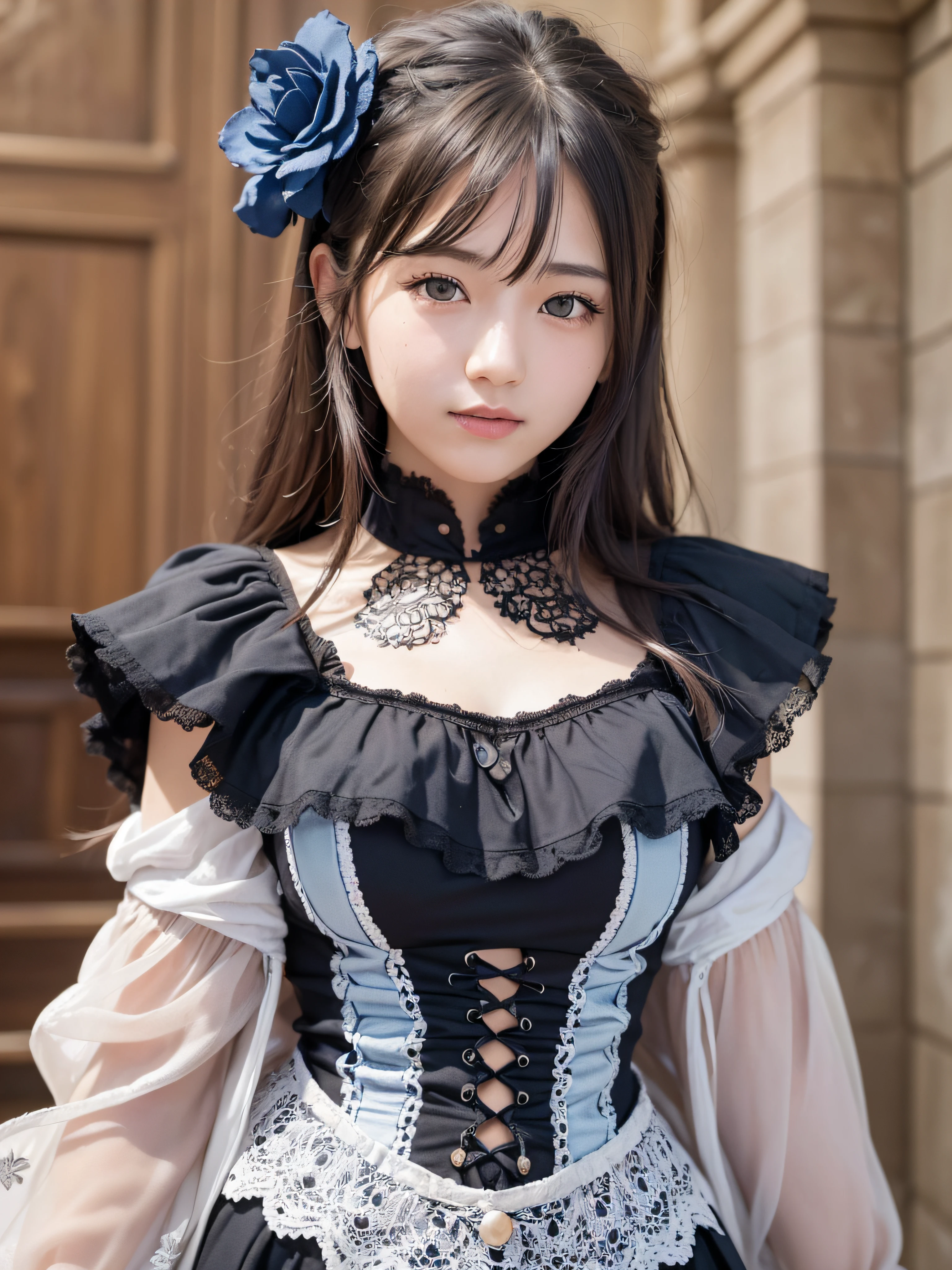 (realistic, photo realistic:1.37), incredibly absurdres, (insanely detailed:1.3), 8k, (masterpiece), (best quality:1.4), (ultra high res:1.2), (raw photo:1.2), (unity 8k wallpaper), 1 nogizaka girl, utterly cute, (bishojo:1.35), (15yo:1.4), ((alice and the pirates fashion)), delicate detailed beautiful dress, hair accessory with blue rose, an exquisitely detailed and beautiful face and eyes and skin, detailed black shine hair, medium breasts, smile at the camera, cowboy shot, european castles, ultra detailed background, professional lighting