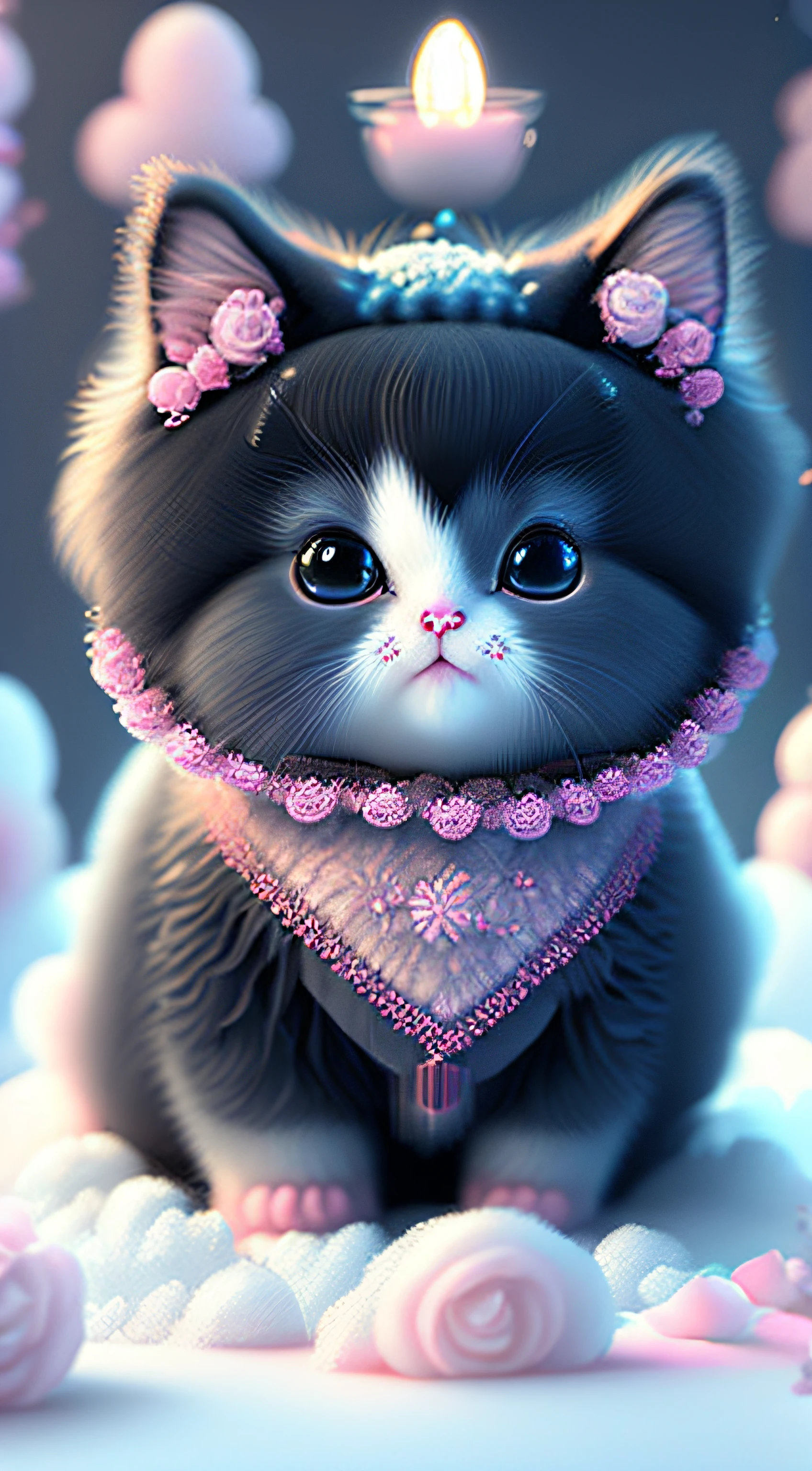 Nesta arte CG ultra-detalhada, Cute black kittens surrounded by ethereal roses, risos, melhor qualidade, alta resolução, detalhes intrincados, fantasia, animais bonitos, roxo, humorous, boca aberta!! Rir!!!