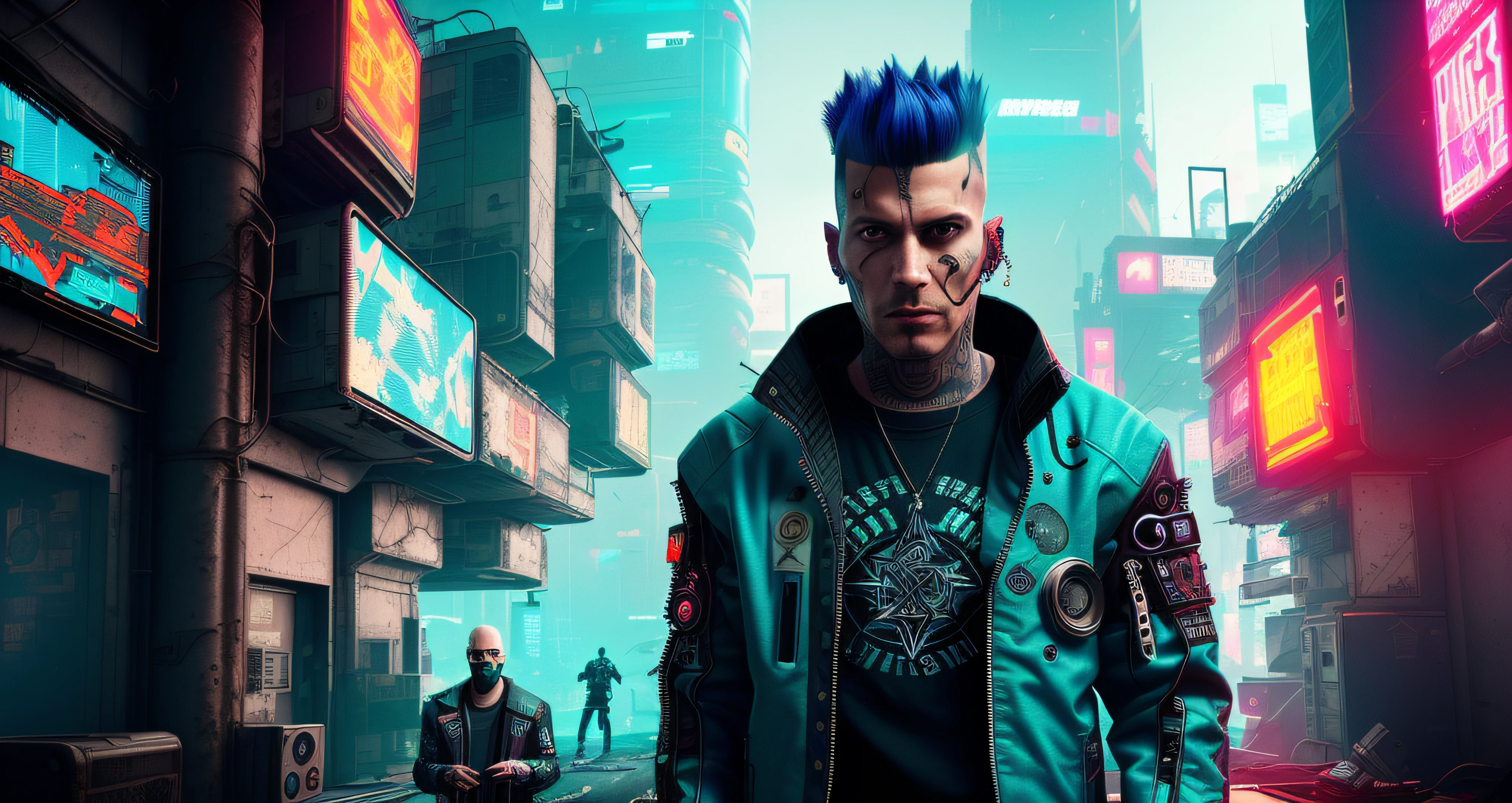 a half-body photo of a [bald|colored mohawk] rugged (futurist scifi punk) with (futurist scifi clothing), (futurist, high-tech, cyberpunk, scifi, jacket:1.4), cyberpunk, indoor, looking at the camera, (celtic tattoos, piercings:1.2), normal, eyes, dramatic cinematic lighting, (screaming:0.7), Glasgow, high-tech, hooligan, punk, in a space station street