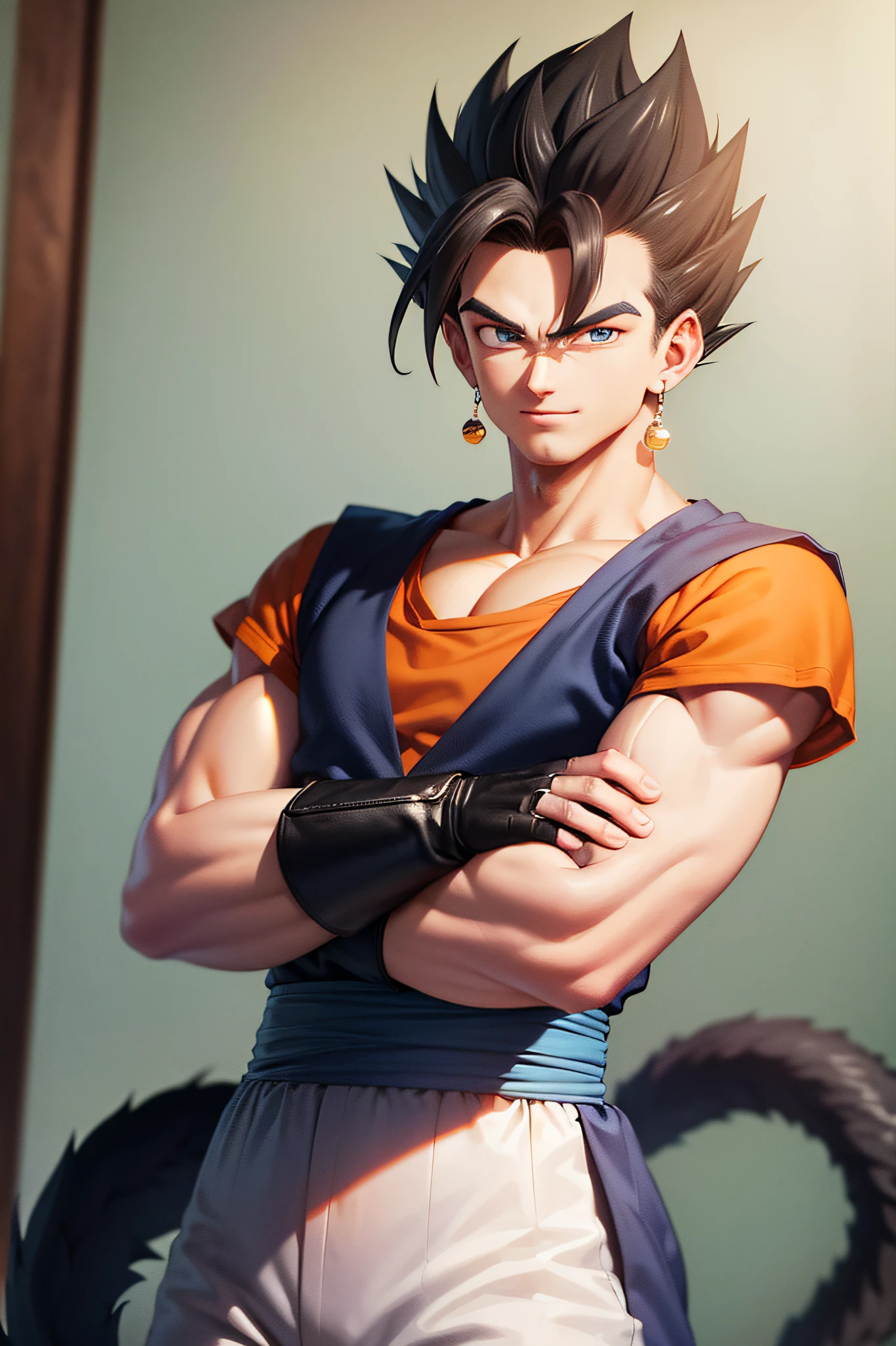 (masterpiece, best quality:1.2), cowboy shot, solo, male focus, 1boy, vegetto, smile, looking at viewer, crossed arms, black hair, spiked hair, blue eyes, dougi, white gloves, pectorals, tail