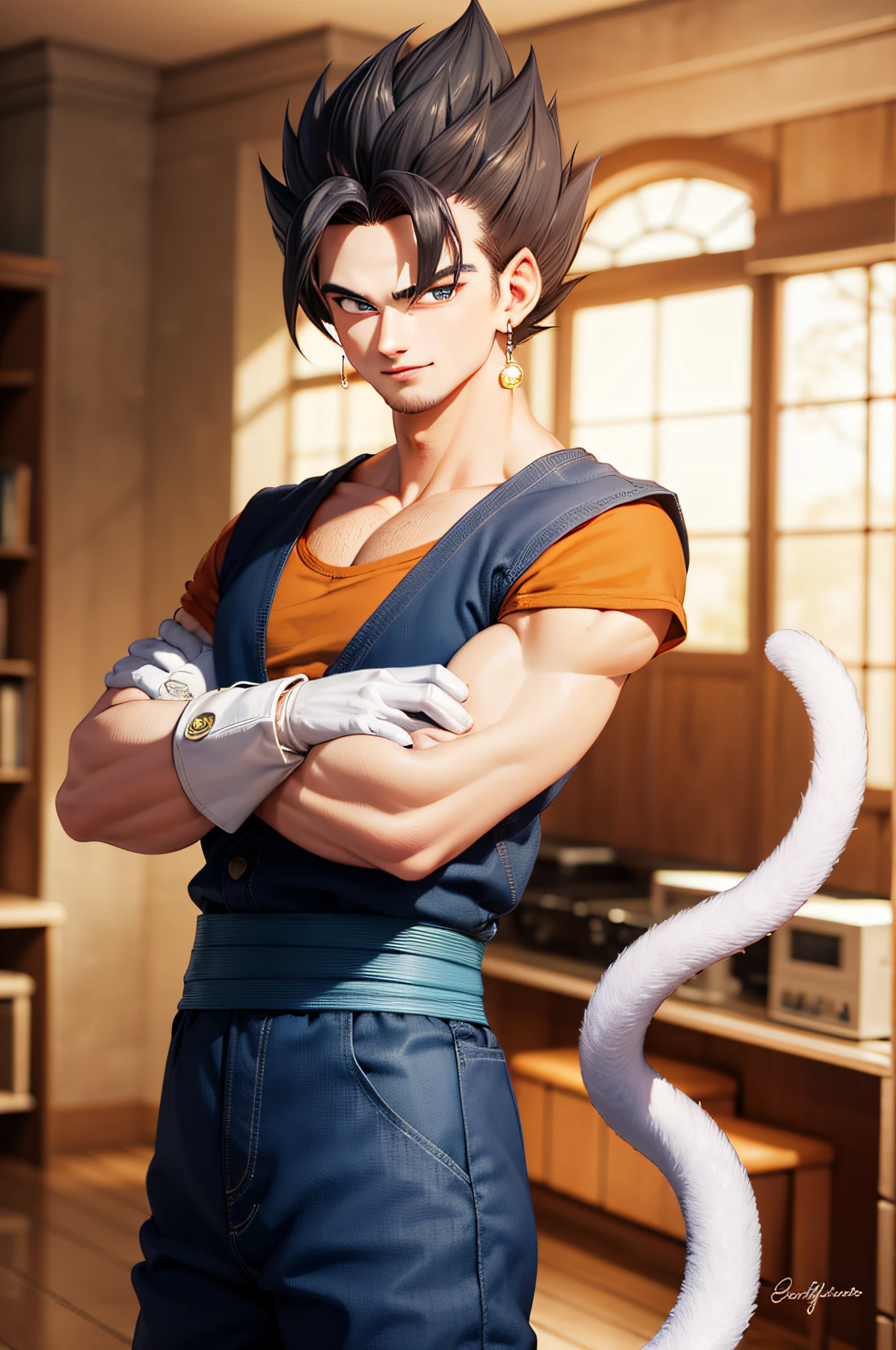 (masterpiece, best quality:1.2), cowboy shot, solo, male focus, 1boy, vegetto, smile, looking at viewer, crossed arms, black hair, spiked hair, blue eyes, dougi, white gloves, pectorals, tail