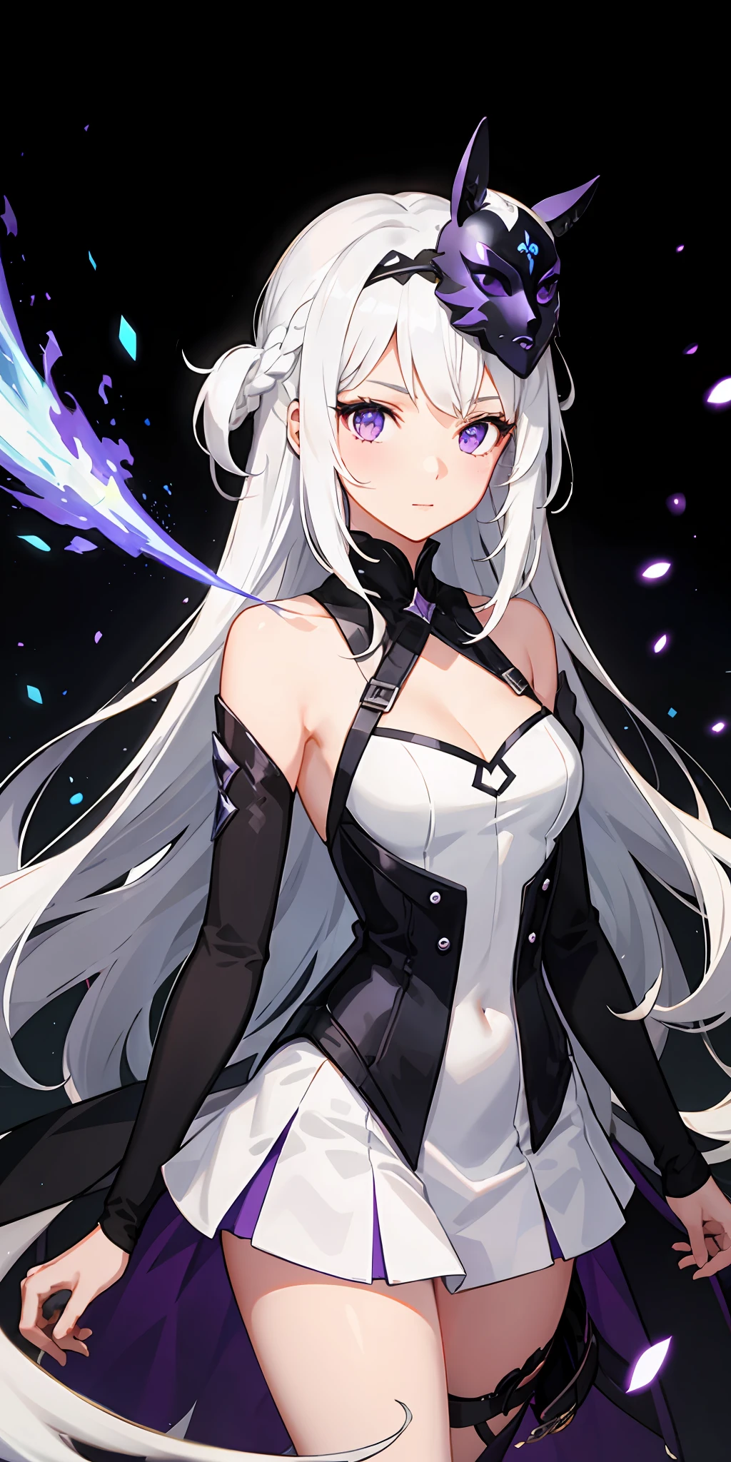 1girl, white hair, multicolored hair, purple eyes, mask on head, sidelighting, light particles, wallpaper,