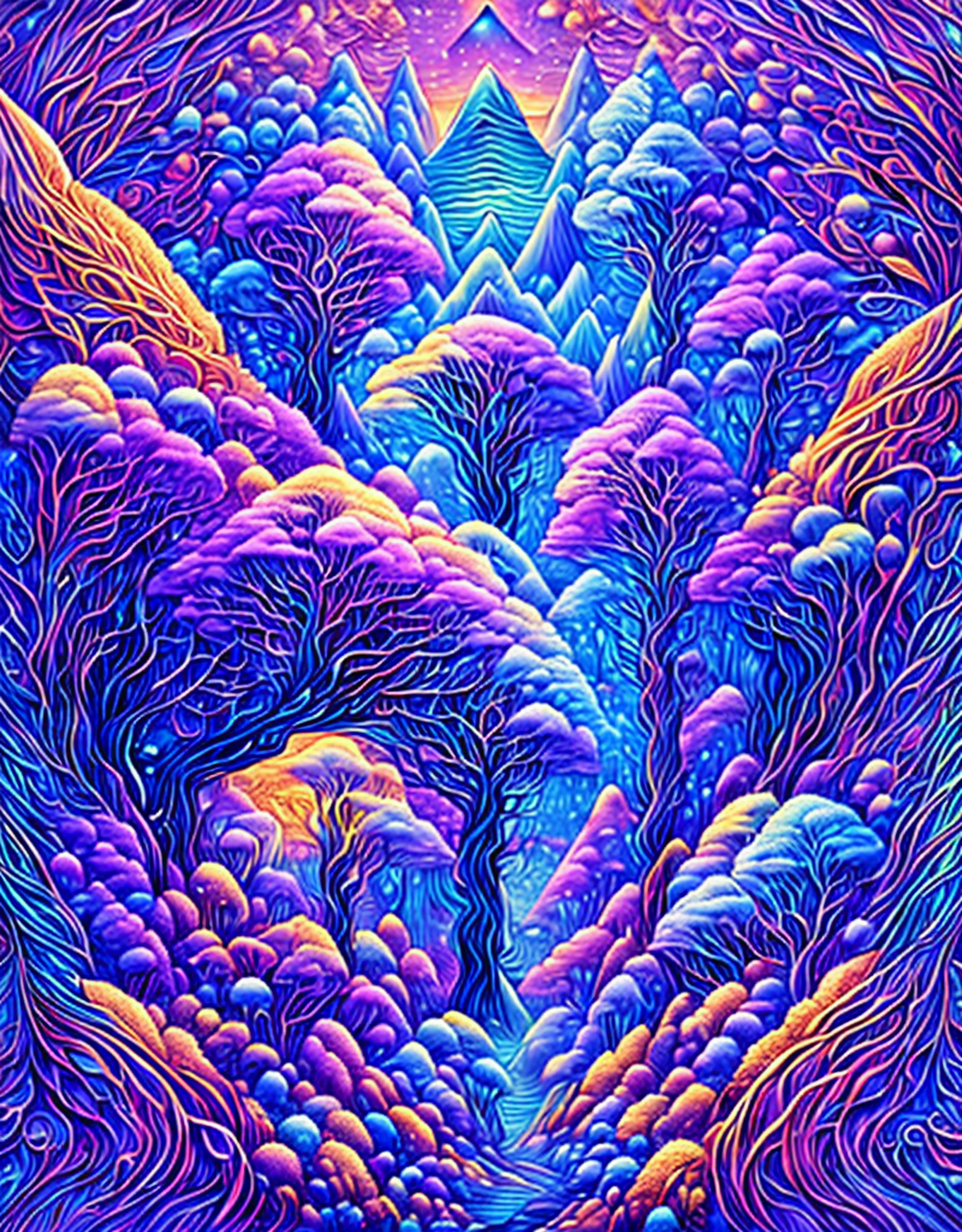 masterpiece), best surreal masterpiece, top quality, best quality, official art, beautiful and aesthetic:1.3) , blue skin godess and god looking at eachother ,full body exposed ,holding eachother ,extreme detailed,gaia,landscape and forest,colorfull,highest detailed, official art, gold leaf ,glitter art ,unity 8k wallpaper, ultra detailed, beautiful and aesthetic, beautiful,fractal art, mystical and otherworldly, with intricate fur and piercing eyes, in the breathtaking mountain landscape of NCWinters ,alex grey ,psychedelic, dmt