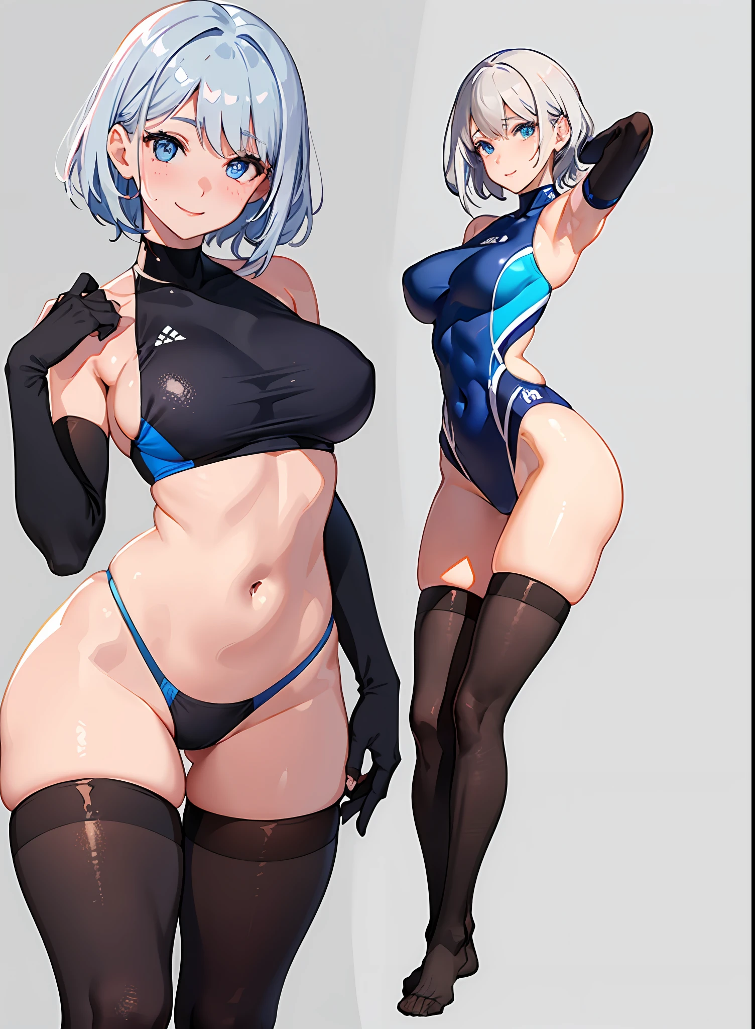 1 girl、((NSFW)),(White Skin Skin),exteriors、шедевр、beautiful  lighting、Detailed beautiful face、Detailed beautiful eyes、A high resolution、Ultra-fine illustration、extremely delicate and beautiful、beste-Qualit、The whole body is shown, 独奏, (A MILF:1.5),30s、(has silver hair,short-cut、Blue eyes),Curvaceous, (shinny hair, Glossy eyes, shinny skin), Laugh, A smile, (shining skin) ,(Competitive swimsuit)、squatting down、open one's legs、Armpit、Arm up、hands behind head、thighs thighs thighs thighs、Short hem、sleeve less 、(a short skirt)、pelvis curtain、Armpits、A smile、black thighhighs、Watch your audience、under the tits、blushed、perspiring、Jeweled、thick-thighs、Parting lips、pantyhose、Blushing cheeks、Embarrassing face、elbow gloves、gloves