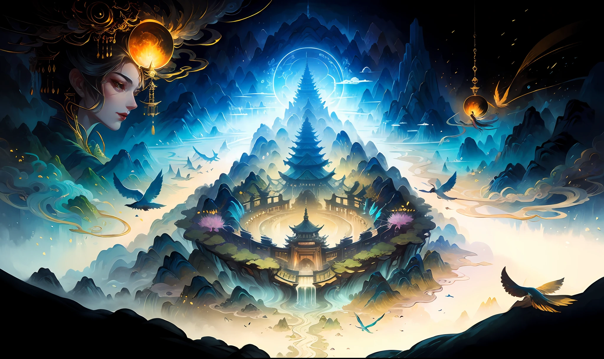 Images of Asian landscapes, mountains and birds in the air, otherworldly visual style in fantasy, light cyan and gold, intricate map world, surreal illustrations, romantic cityscapes, detailed character illustrations, organic shapes and curves, , ancient Chinese landscapes, mountains, rivers, auspicious clouds, sunlight, masterpiece, super detail, epic composition, ultra hd, high quality, extremely detailed, official art, unified 8k wallpaper, super detail, 32k -- v 6 --v6