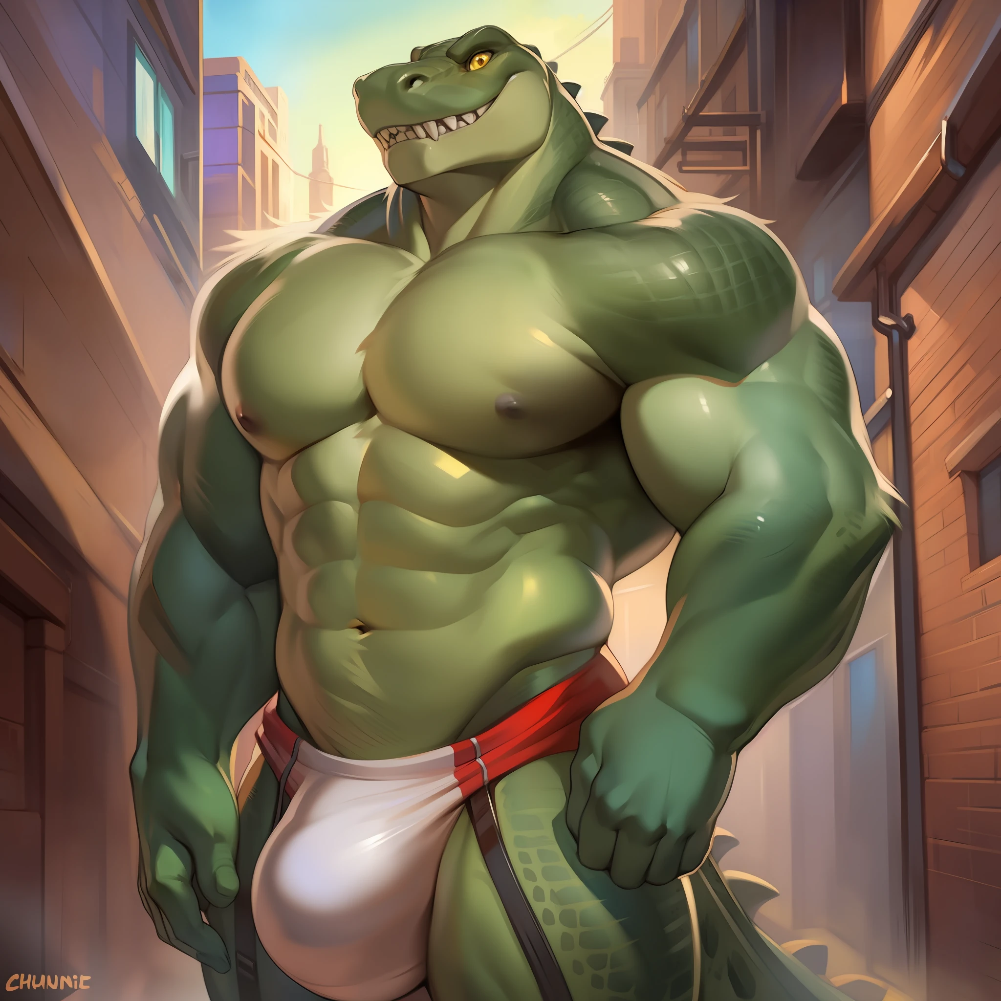 Solo, male, alligator, long snout, sharp teeth, fangs, thick face, wide face, broad shoulders, muscular, buff, strong, tall, giant, massive, enormous, gigantic, big biceps, big pecs, green body, green skin, yellow eyes, detailed crotch, massive bulge, by darkgem, by mystikfox61, by chunie, by Vader-san, looking at viewer, shadowy, dramatic, city, alleyway, white spacesuit,