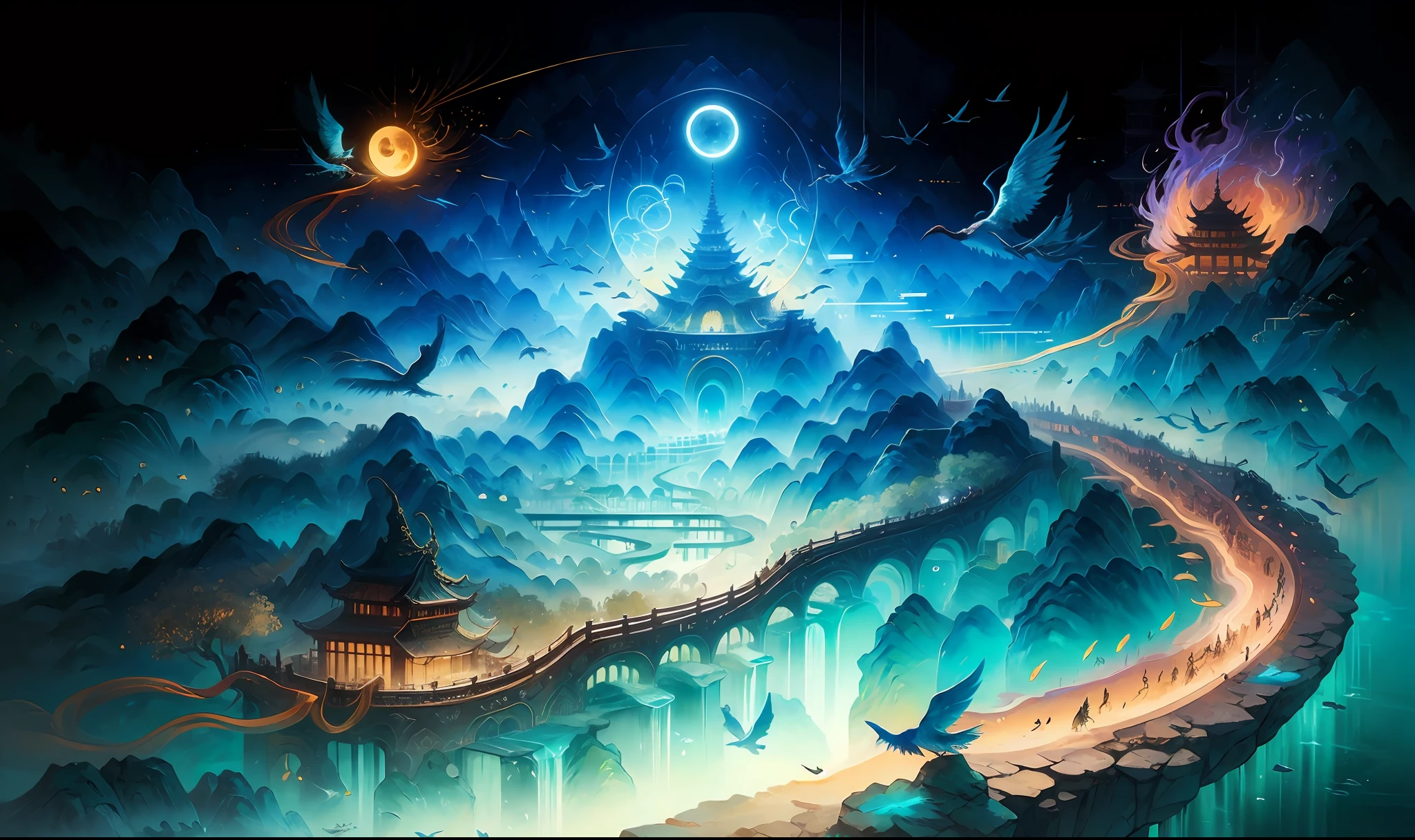 Images of Asian landscapes, mountains and birds in the air, otherworldly visual style in fantasy, light cyan and gold, intricate map world, surreal illustrations, romantic cityscapes, detailed character illustrations, organic shapes and curves, , ancient Chinese landscapes, mountains, rivers, auspicious clouds, sunlight, masterpiece, super detail, epic composition, ultra hd, high quality, extremely detailed, official art, unified 8k wallpaper, super detail, 32k -- v 6 --v6