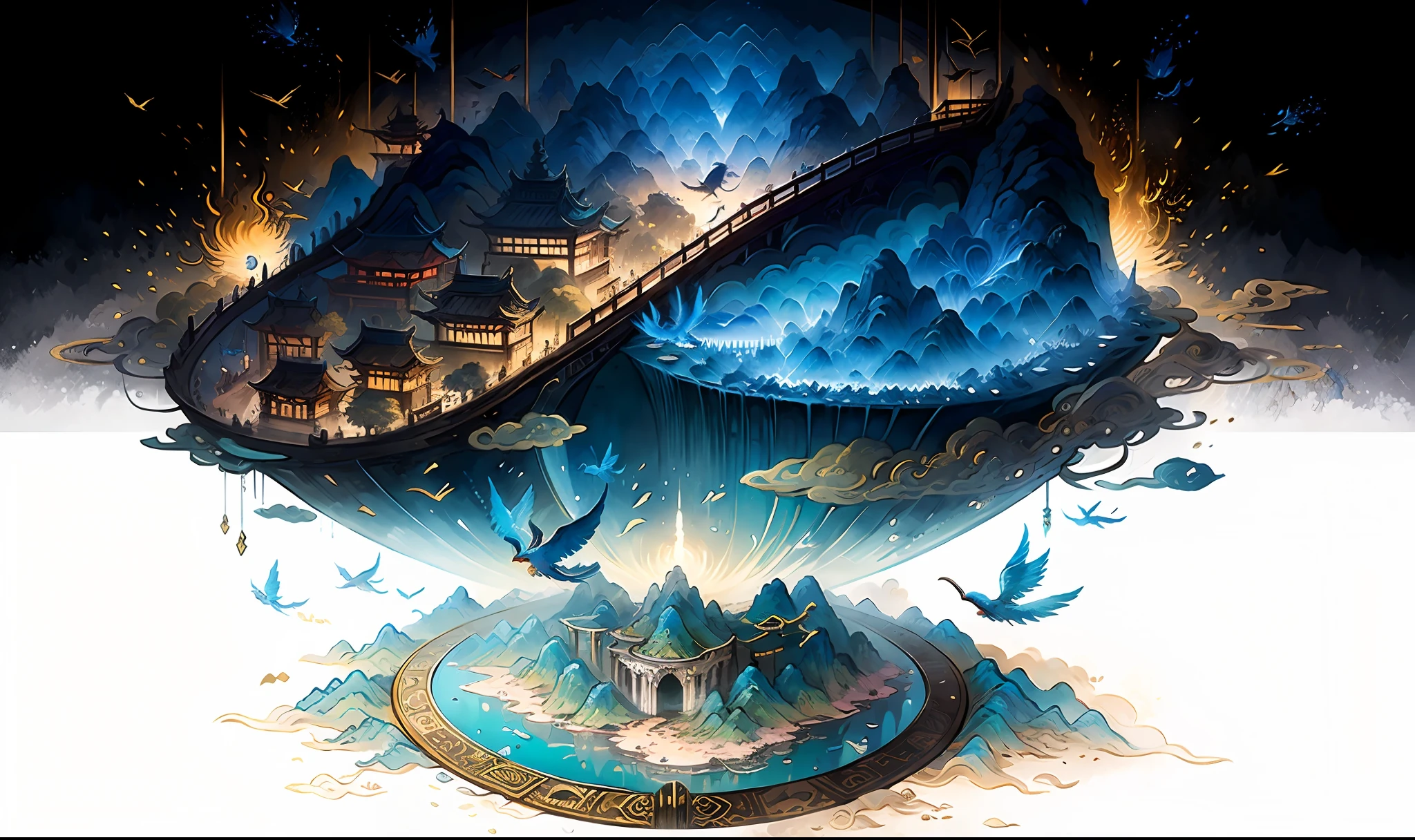 Images of Asian landscapes, mountains and birds in the air, otherworldly visual style in fantasy, light cyan and gold, intricate map world, surreal illustrations, romantic cityscapes, detailed character illustrations, organic shapes and curves, , ancient Chinese landscapes, mountains, rivers, auspicious clouds, sunlight, masterpiece, super detail, epic composition, ultra hd, high quality, extremely detailed, official art, unified 8k wallpaper, super detail, 32k -- v 6 --v6