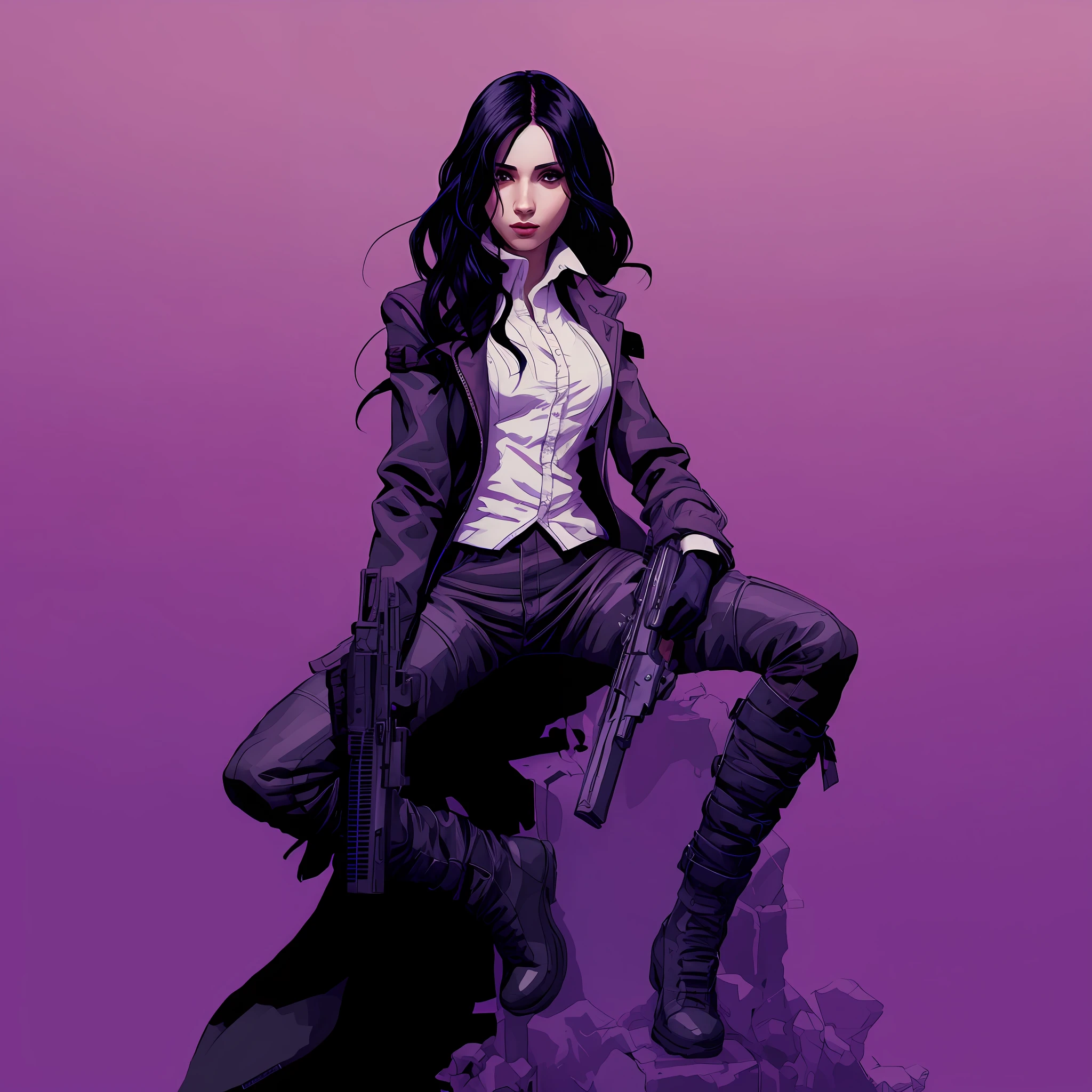 Imagem de uma mulher com uma arma sentada em uma rocha, Kate Bispo, Martin then, Moebius + Artgerm, Martin Ansin, Retrato da obra, Alena Aenami e Artgerm, Arte da sede, full-colour illustration, Chris Moore. Artgerm, Directed by: Jorge Jacinto, Estilo de Charlie Bowater