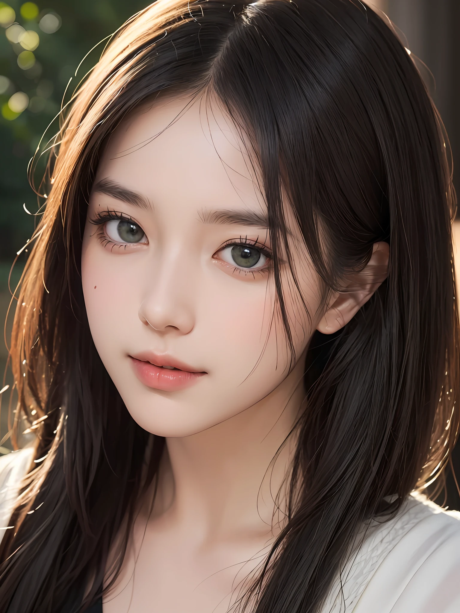 Masterpiece, best picture quality, high quality, beautiful woman, Japanese, popular Korean makeup, detailed, swollen eyes, detailed eyes, detailed skin, beautiful skin, ultra high resolution, (reality: 1.4),very beautiful, slightly younger face, beautiful skin, slender, (ultra realistic), (illustration), (high resolution), (8K), (very detailed) (best illustration), (beautifully detailed eyes), (super detailed), (wallpaper), (detailed face), looking at viewer, fine details, detailed face, pureerosfaceace_v1, smiling, looking straight ahead, looking straight ahead, angle from waist up, realistic photo, bright lighting, professional lighting, black hair (some of hair part green), long hair, dark ruins, big red moon, gorgeous red and black dress, mature woman, long stylish bangs,