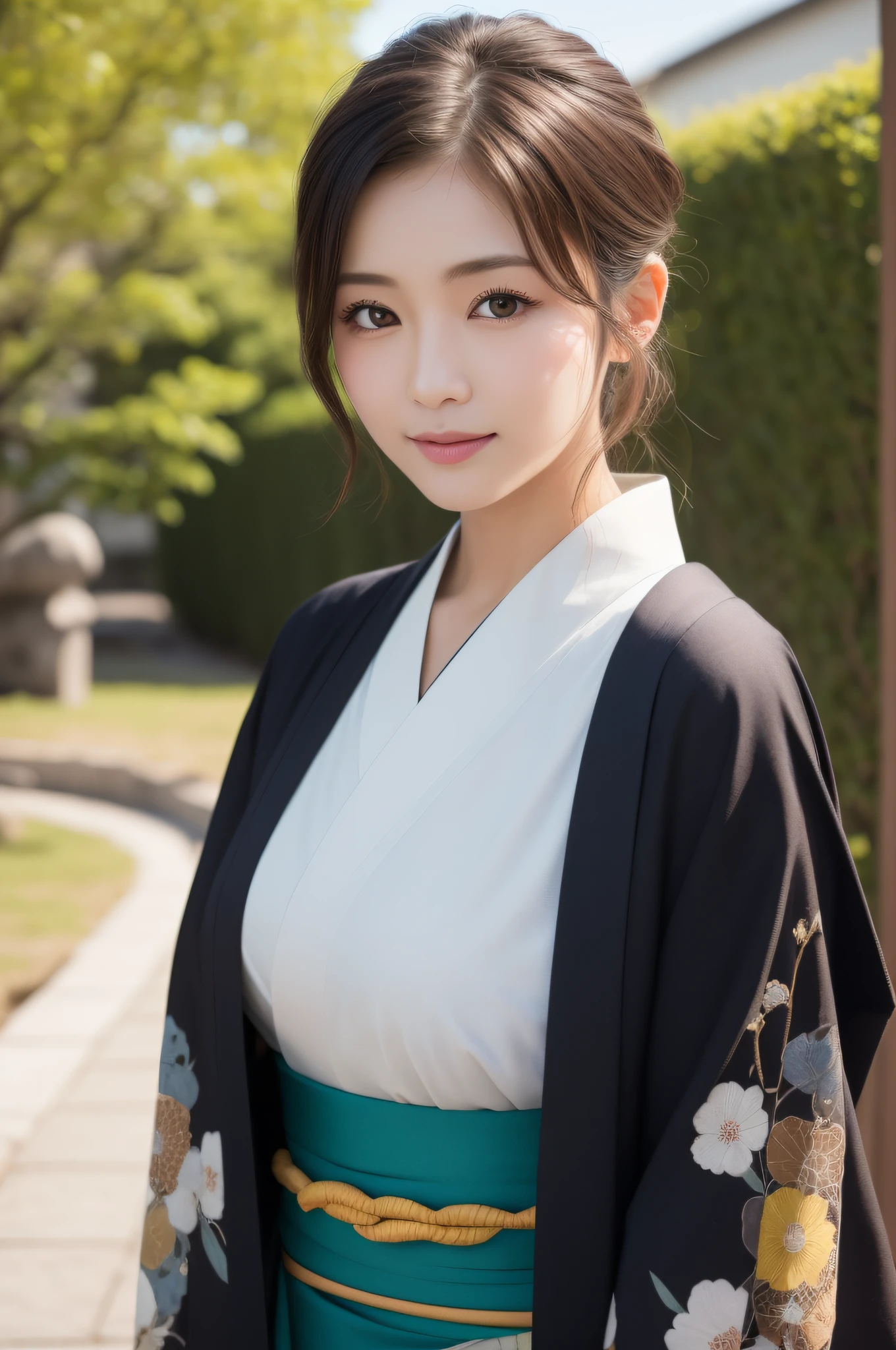 ((beste-Qualit、8K、a masterpiece of:1.3))、foco nítido:1.2、(ultra beautiful face:1.0)、(Slender Abs Beauty:1.0)、(shinny skin:1.0)、photograph realistic、Black-haired、Realistic pupils、Video Lighting、High-definition eyes and face、Video Lighting、(cow-boy shot:1.3)、(Kimono、Hakama、obi:1.4)、(Korean Cute Actress)、Traditional kimono、from the front side、medium large breasts、A slight smile