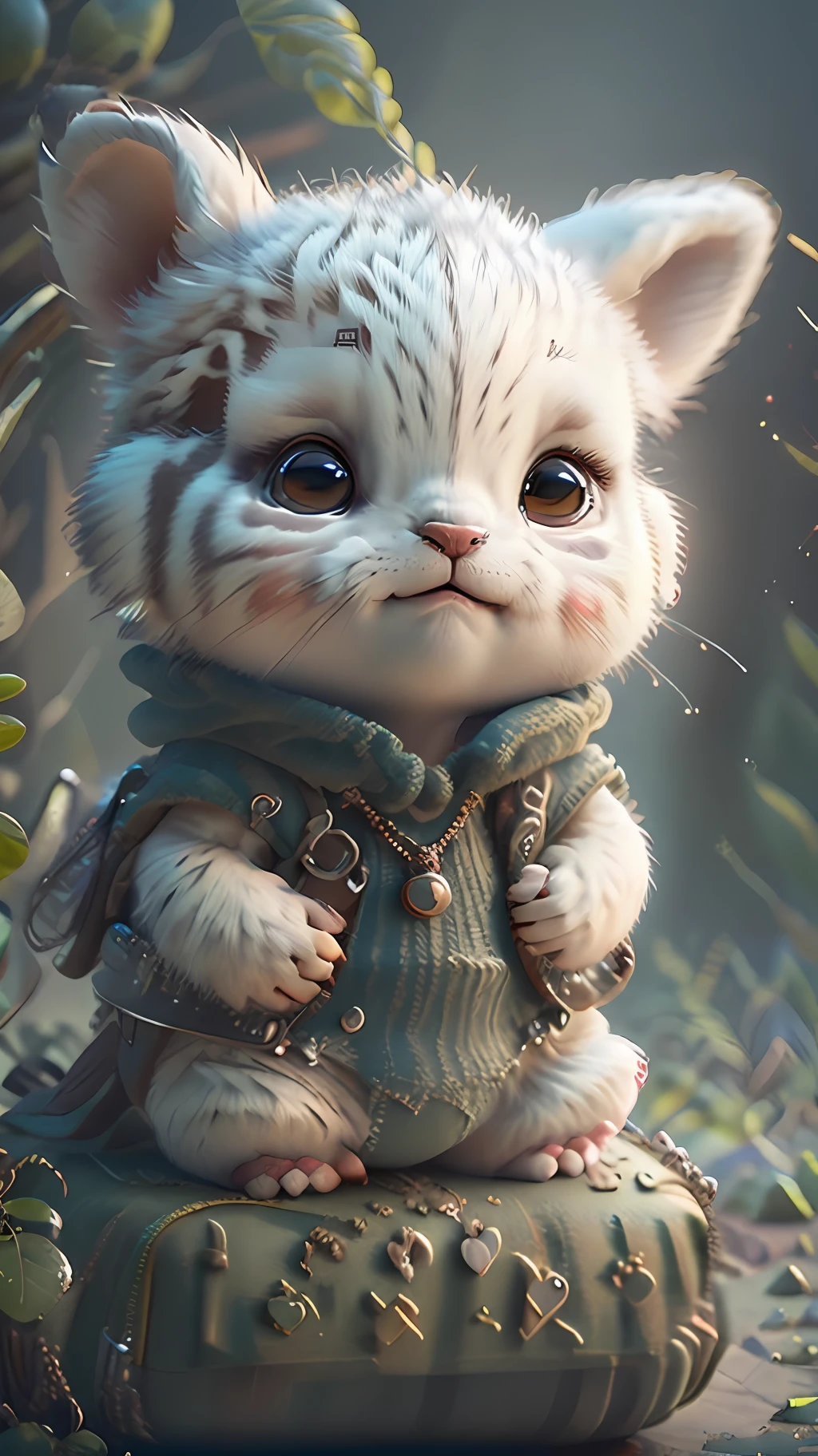 cute tiny  hyperrealistic white tiger with different color eyes waring a necklace, Chibi, adorable and fluffy, logo design, cartoon, cinematic lighting effect, charming, 3D vector art, cute and quirky, fantasy art, bokeh, hand-drawn, digital painting, soft lighting, isometric style, 4K resolution, photorealistic rendering, highly detailed clean, vector image, photorealistic masterpiece, professional photography, simple space backdrop, flat white background, isometric, vibrant vector